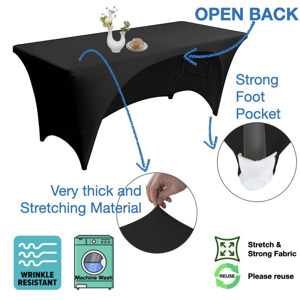 Stretchable Tablecloth for 6ft Rectangle Tables - Heavy-Duty Wrinkle-Resistant Spandex - Black - Perfect for Parties & Events