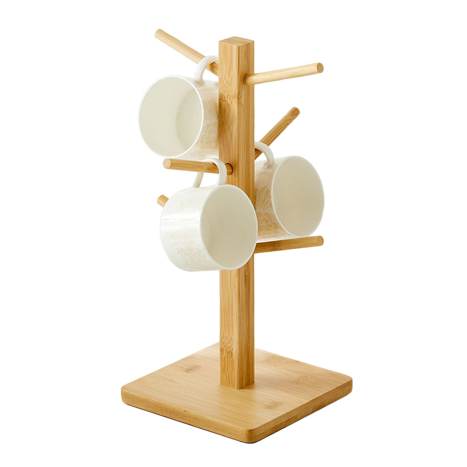 Bamboo Mug Holder Tree with 6 Hooks - Square Base Countertop Coffee Cup Stand - Teacup Organizer for Kitchen, Bar & Office - Space Saving Cup Storage Solution for Mugs & Cups