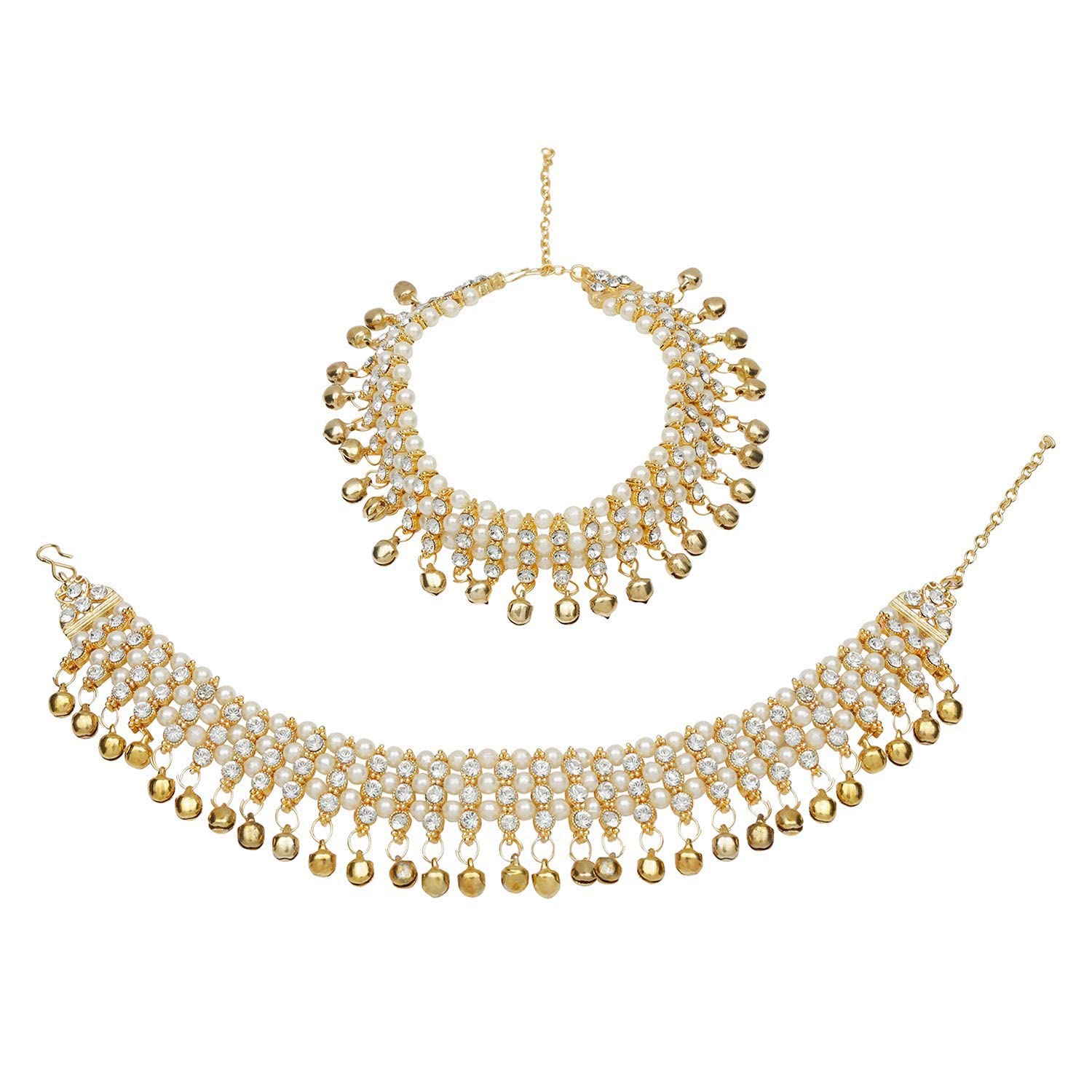 Elegant Indian Bridal Ghungroo Anklets for Women - Faux Pearl Crystal Bell Ankle Bracelets Set - Perfect for Bollywood Dance, Wedding & Festive Occasions