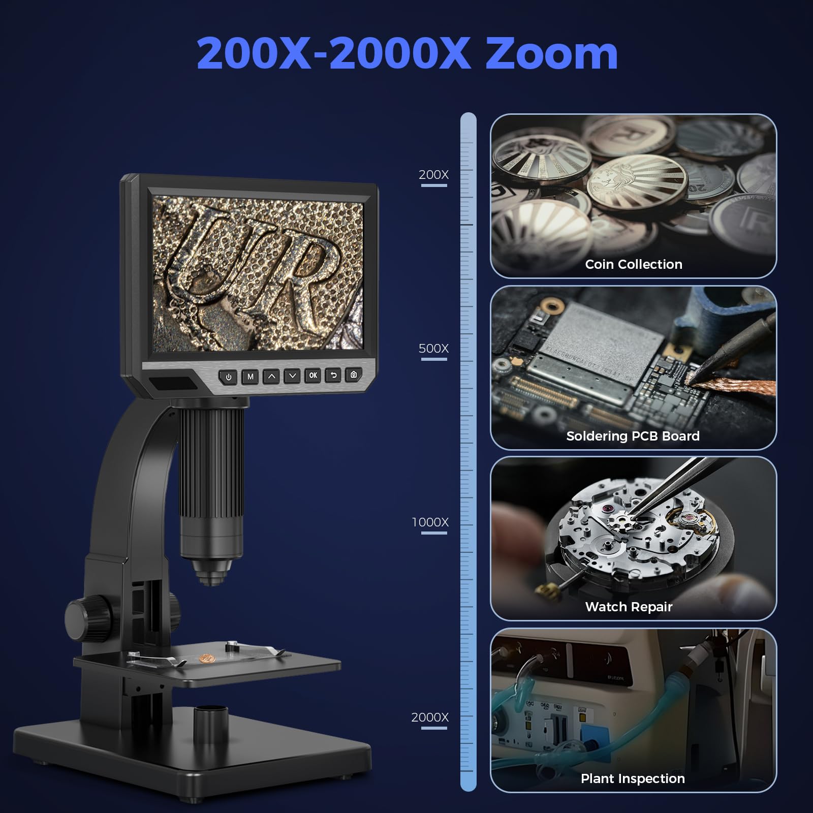 7'' Digital Microscope with 2000x Magnification & 24MP Camera - HDMI USB Microscope with Built-in Screen, 11 Adjustable LED Lights, 64GB Storage, PC Compatible - Perfect for Coin Collecting, Jewelry Inspection, PCB Repair & Science Education