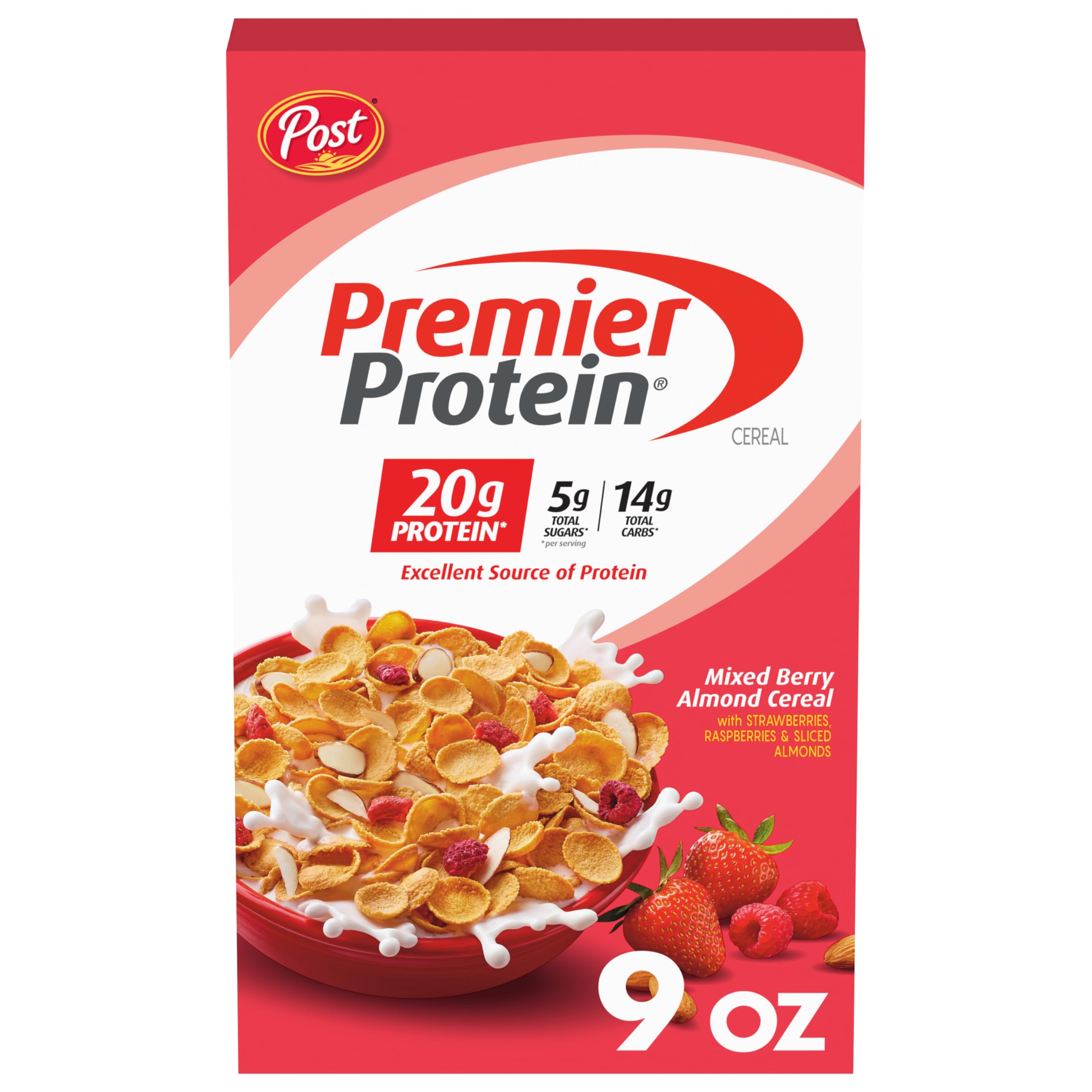Premier Protein Mixed Berry Almond Cereal - High Protein Cereal with Dried Berries & Almond Slices (20g Protein per Serving, 9oz Box) - Perfect for Breakfast, Post-Workout Snack & Healthy Lifestyle
