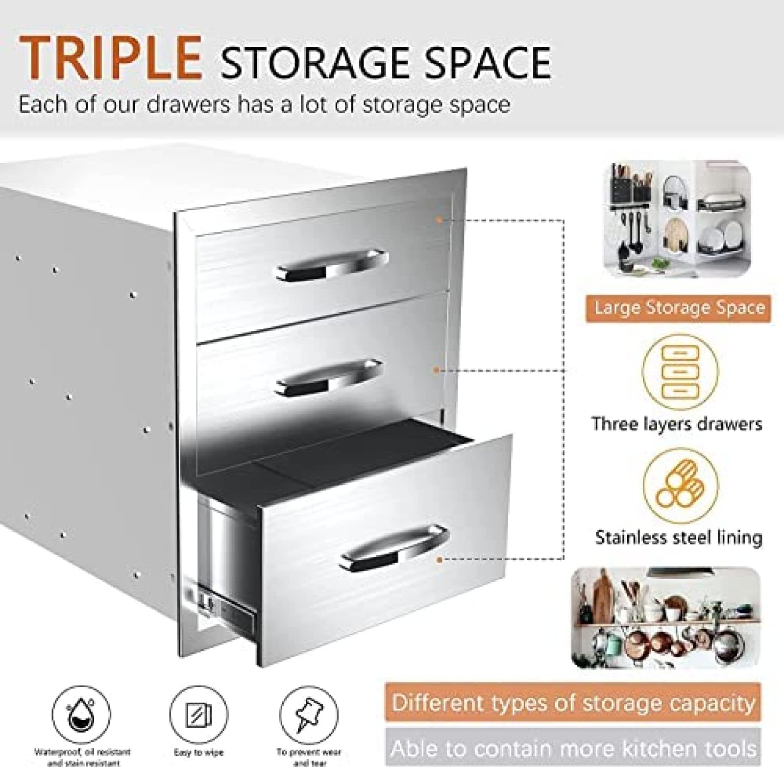 Stainless Steel Outdoor Kitchen Drawers - Flush Mount BBQ Island Drawers with Embedded Handle (16