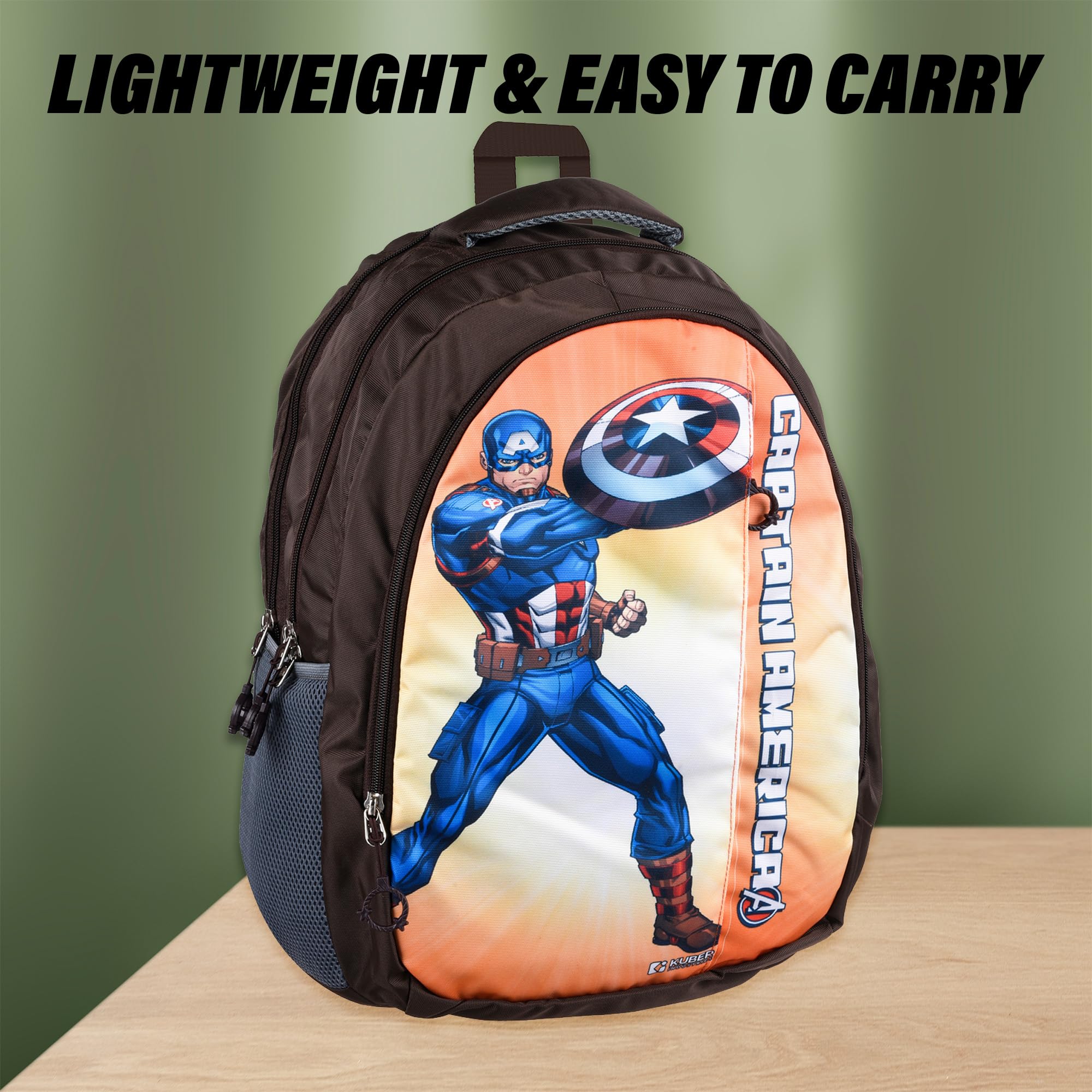 **Marvel Captain America School Backpack for Kids & Teens | 5-Compartment Bookbag for College, Travel & Daily Use | Durable School Bag for Boys & Girls | Includes Free Bag Cover | Brown**    *(Use for school, college, travel, gym, or everyday carry – perfect for students and Marvel fans!)*