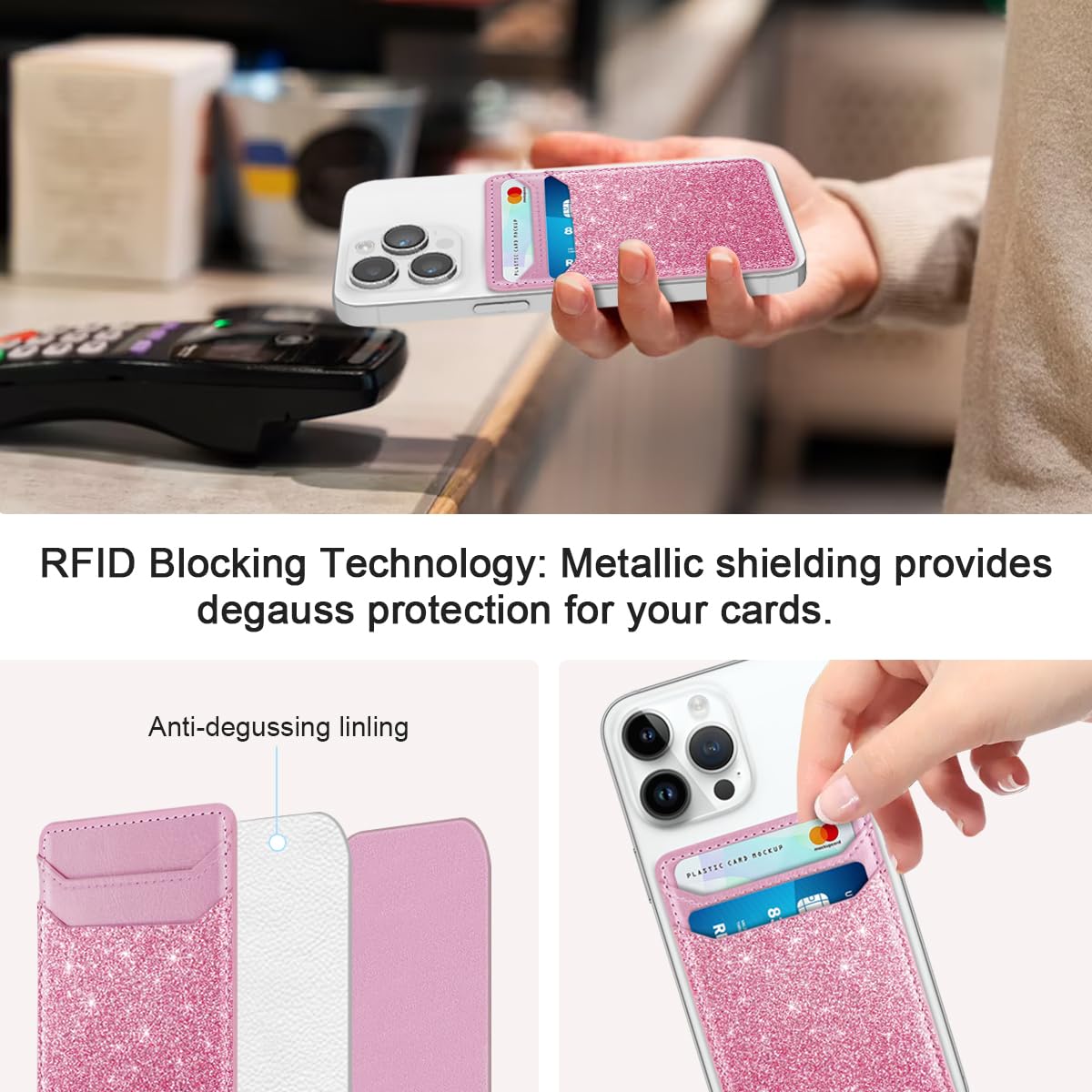 Self Adhesive Card Holder for Phone - Leather RFID Blocking Phone Wallet with Sticky Back - Credit Card Sleeve for Phone Case (Glitter Pink) - Perfect for Hands-Free Shopping & Contactless Payments