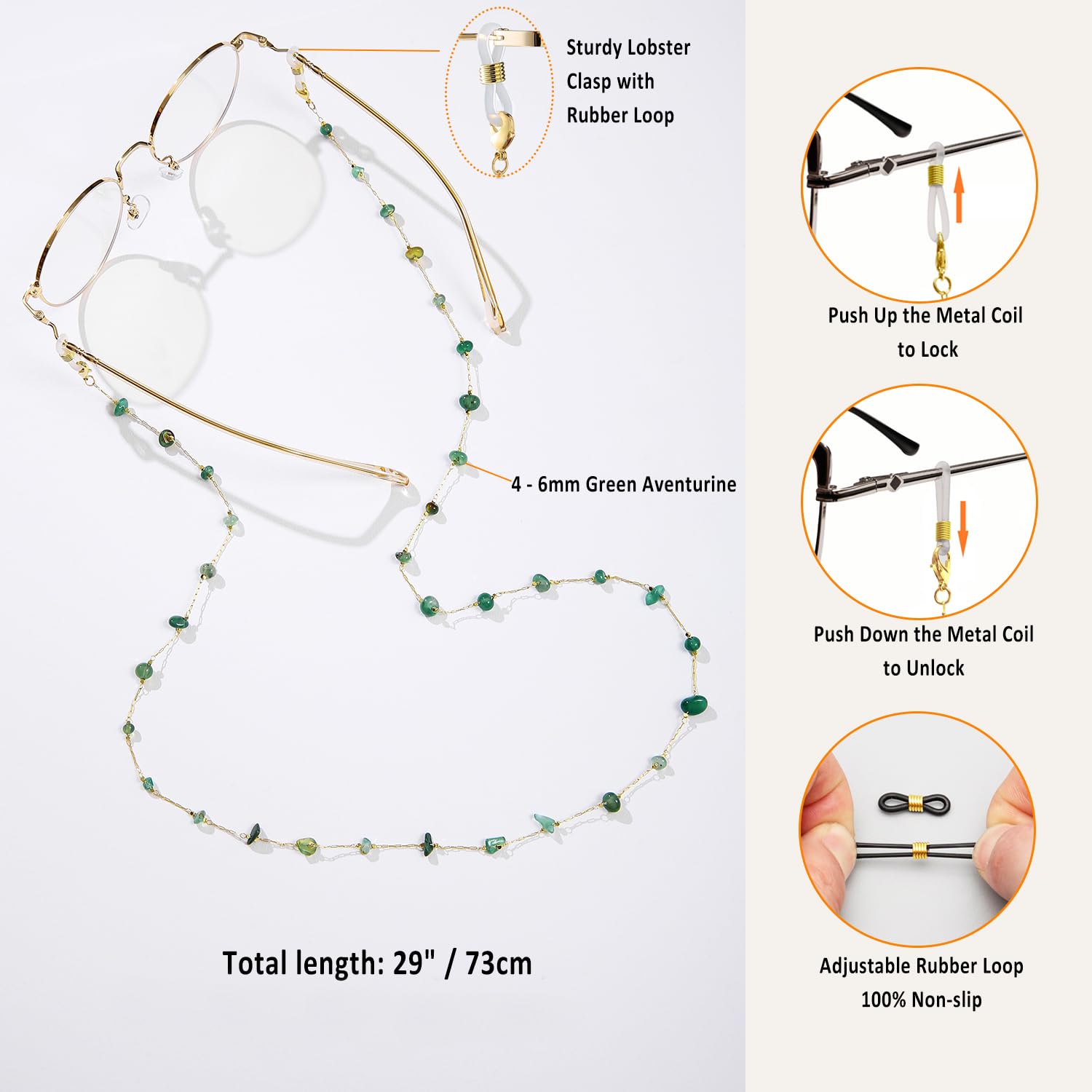 Elegant Women's Eyeglass Chain with Natural Crystal - Adjustable Neck Strap for Glasses & Sunglasses Holder - Perfect for Reading, Driving, and Outdoor Activities