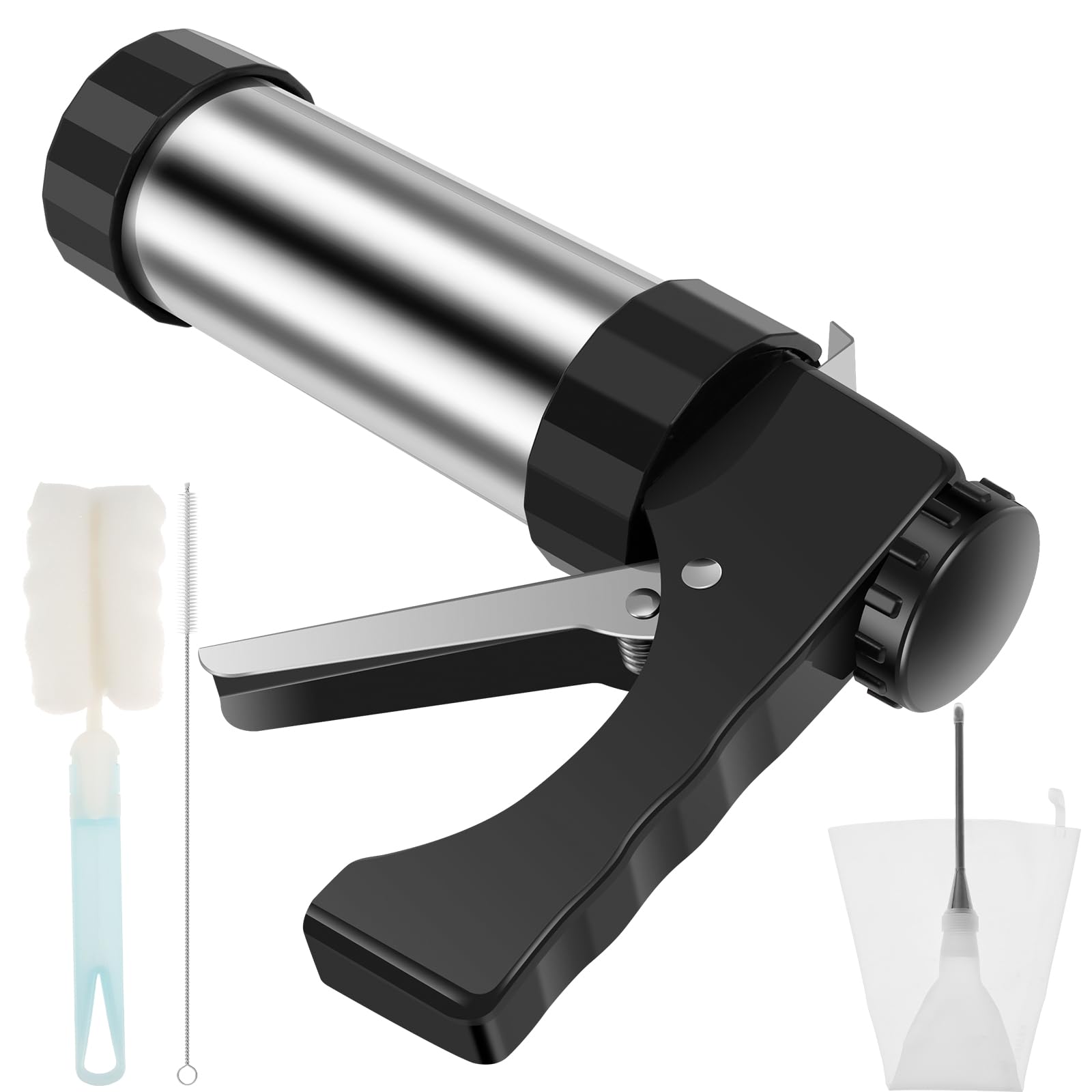 Stainless Steel Churro Maker Machine Kit with 3 Nozzle Tips & Piping Bag - Easy to Clean Hollow Churro Gun with Sponge Brush - Perfect for Home Baking, Parties, and Spanish Dessert Making