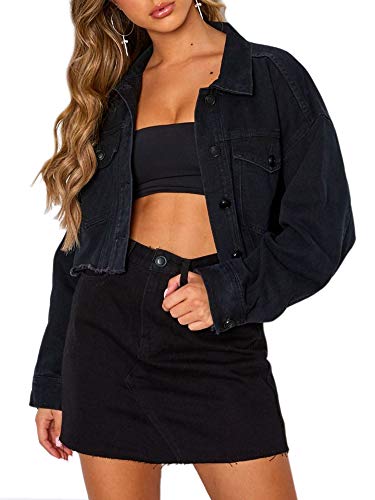 Washed Black Cropped Denim Jacke