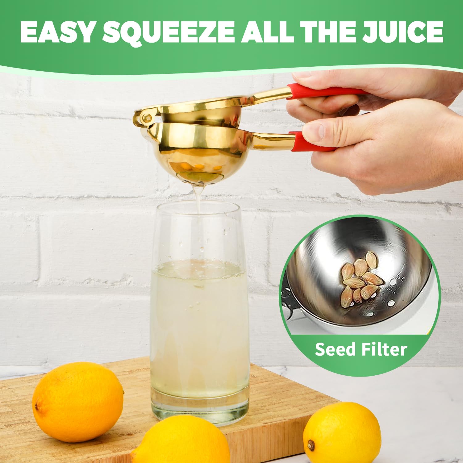 Premium 304 Stainless Steel Lemon Squeezer & Citrus Press Juicer - Heavy Duty Manual Lime Juicer with Non-Slip Grip (Gold/Red) - Perfect for Cocktails, Cooking & Healthy Juicing at Home