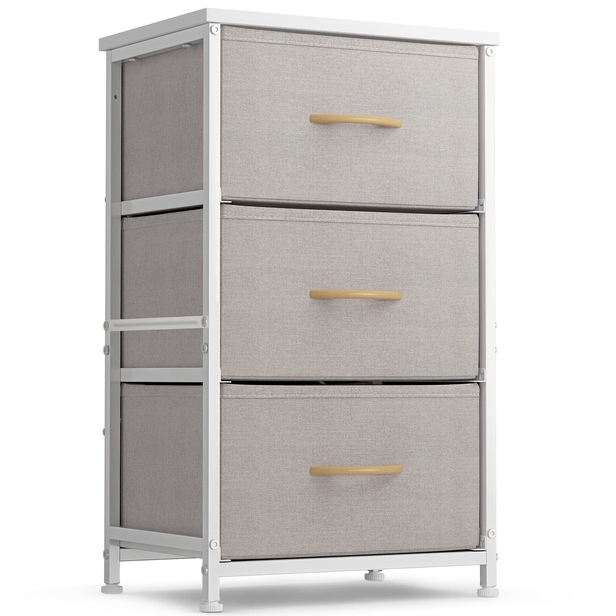 FEZIBO 3-Drawer Fabric Storage Dresser with Steel Frame & Wood Top - Bedroom Closet Organizer, Nursery Dresser, Entryway Storage Cabinet - Light Grey Easy Pull Handles for Home Organization