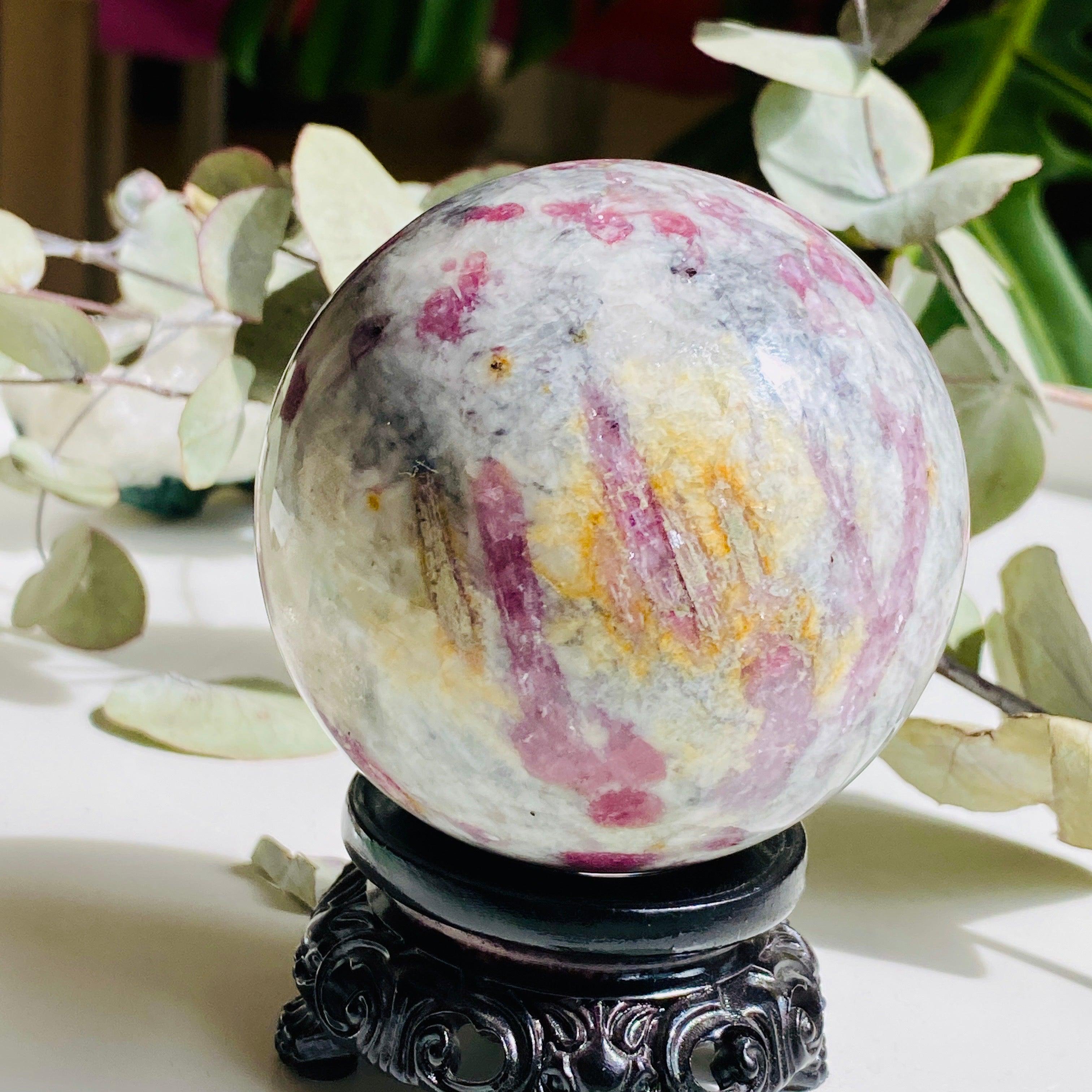 Natural Pink Tourmaline in Quartz Sphere - Healing Crystal for Meditation, Reiki & Home Decor (PTQS-01) | Spiritual Gift, Energy Stone & Feng Shui Decor