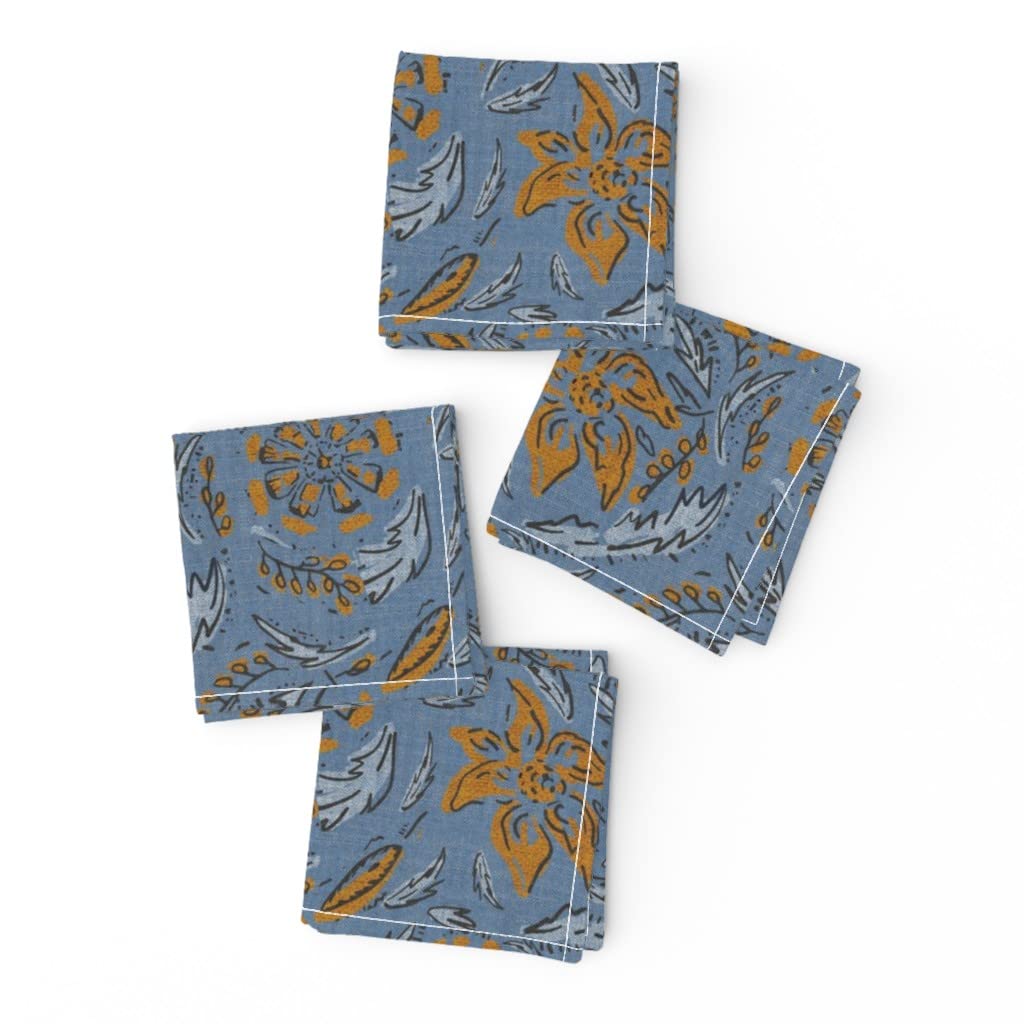 Floral Botanical Print Linen Cotton Cocktail Napkins Set of 4 - Boho Nature Leaf Design for Spring & Autumn - Perfect for Dinner Parties, Weddings & Home Decor