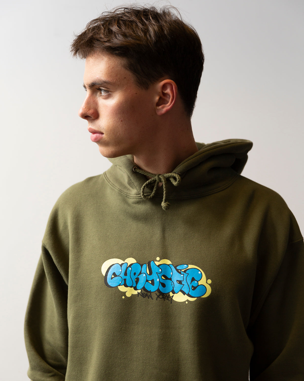Chrystie NYC Bubble Graffiti Logo Hoodie - Army Green | Trendy Streetwear for Urban Fashion & Casual Outfits