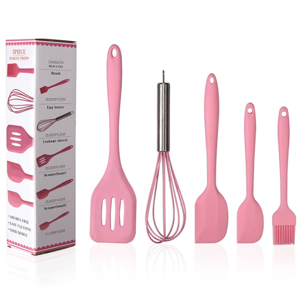5-Piece Silicone Kitchen Utensil Set - Non-Slip Spatula, Brush & Cooking Tools - Heat Resistant, Dishwasher Safe - Perfect for Baking, Cooking & Meal Prep (Pink)