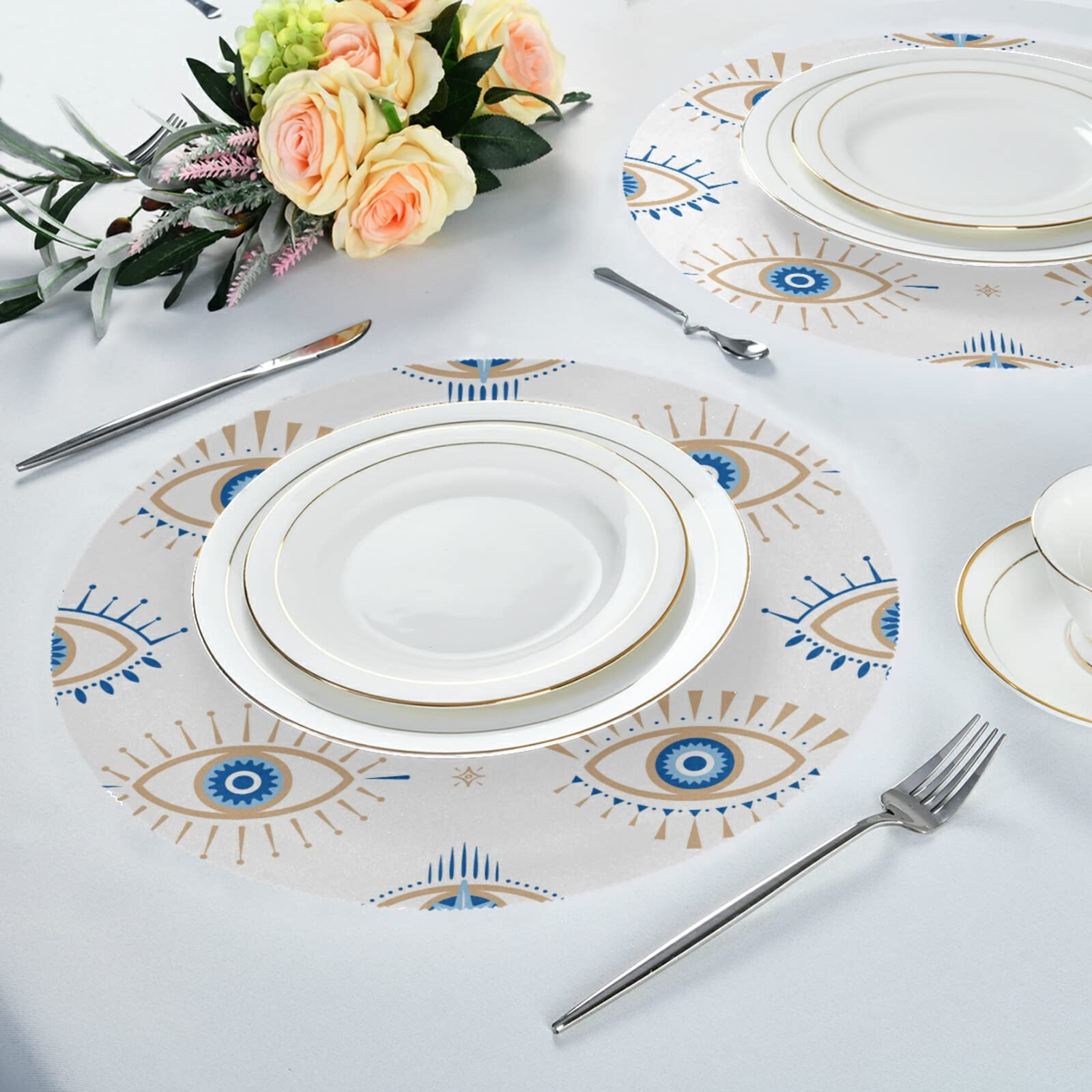 Xigua Set of 6 Round Heat-Resistant Placemats for Dining Table - Washable & Stain-Resistant Kitchen Table Mats with Evil Eye Design | Perfect for Everyday Meals, Dinner Parties & Home Decor