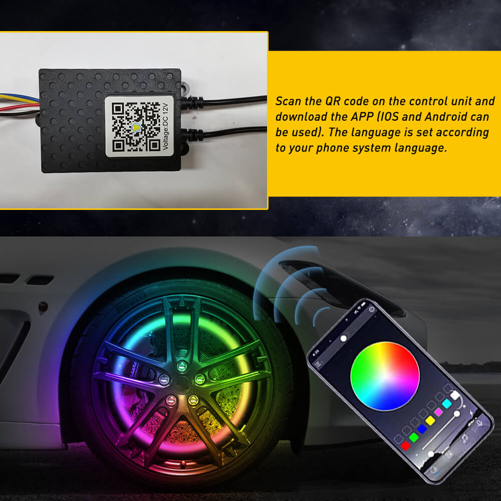 4 Pack 15.5 Inch LED Wheel Ring Lights - RGB Color Changing with Brake, Chase & Turn Signals for Cars & Trucks - APP & Remote Control - Perfect for Off-Roading, Car Shows & Night Cruising