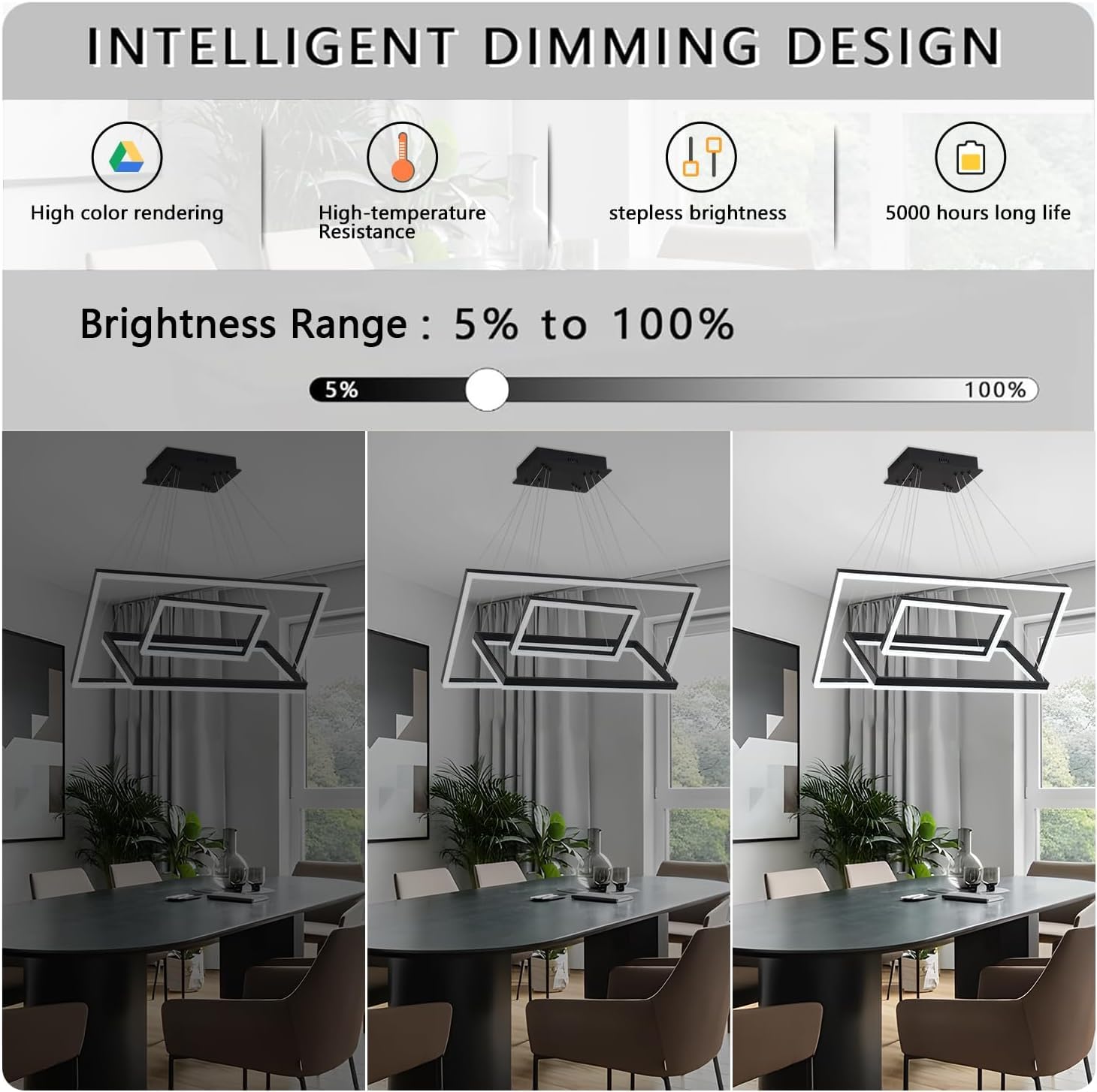 Modern Black LED Chandelier - 3 Ring Rectangle Dining Room Light Fixture - Large Upgraded High-Transmission Acrylic Design - Perfect for Contemporary Dining Rooms, Kitchens, and Living Spaces