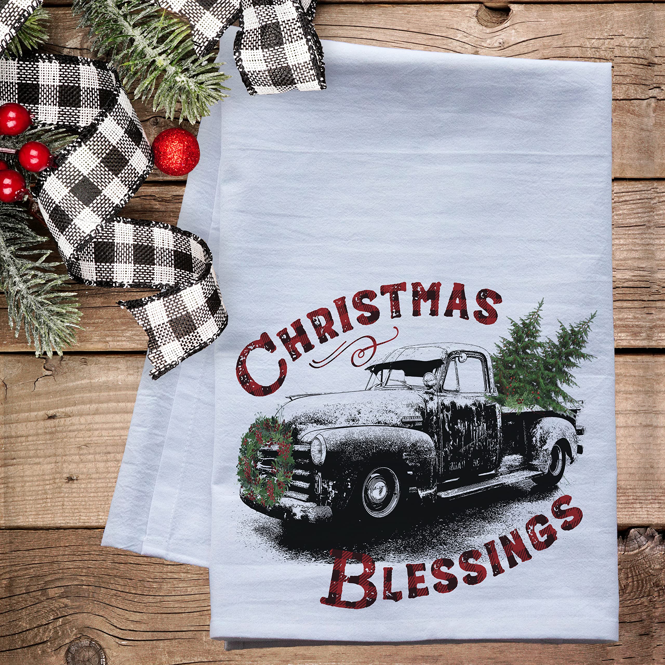 Christmas Flour Sack Dish Towels - Holiday Kitchen Tea Towels Set for Xmas Decor (Old Truck Design) - Perfect for Holiday Baking, Gift Wrapping & Festive Home Decor