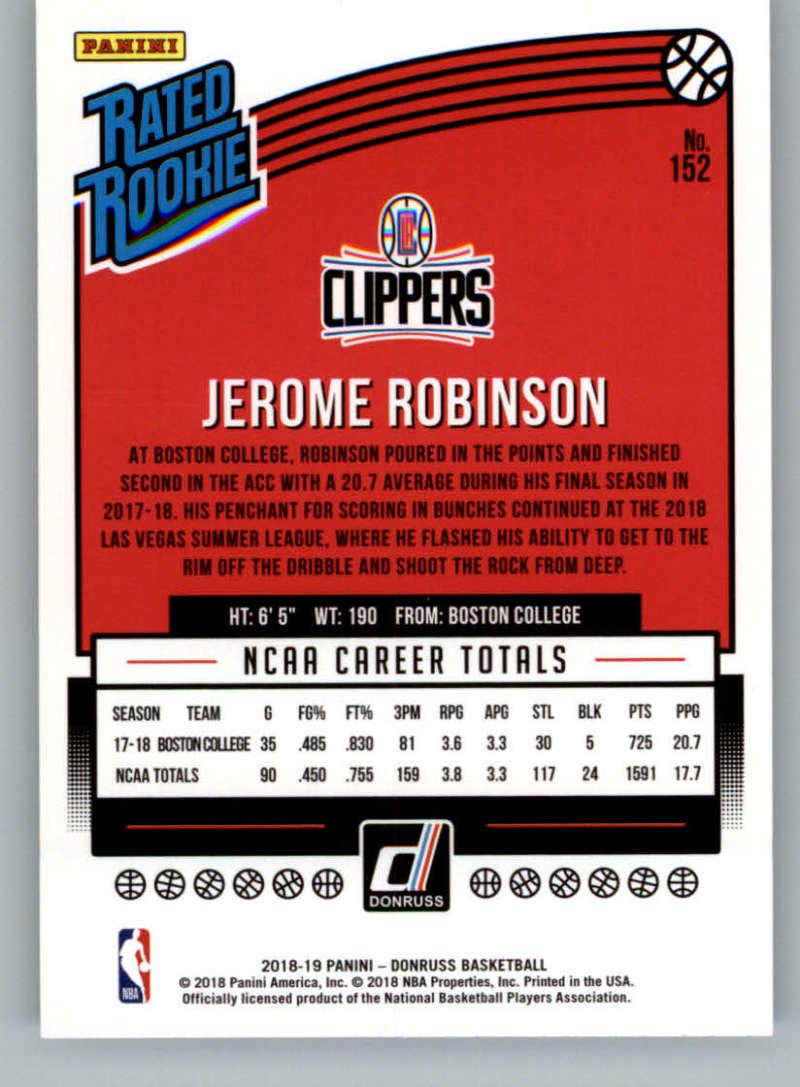 2018-19 Donruss Basketball Card #152 Jerome Robinson Rated Rookie RC - Los Angeles Clippers Panini NBA Trading Card - Perfect for Collectors, Sports Memorabilia Fans & Investment