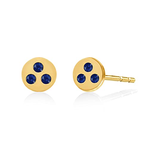 14K Yellow Gold Round Cut Blue Sapphire Three Stone Stud Earrings for Women - Elegant Bezel Set Jewelry Gift for Birthday, Anniversary & Special Occasions