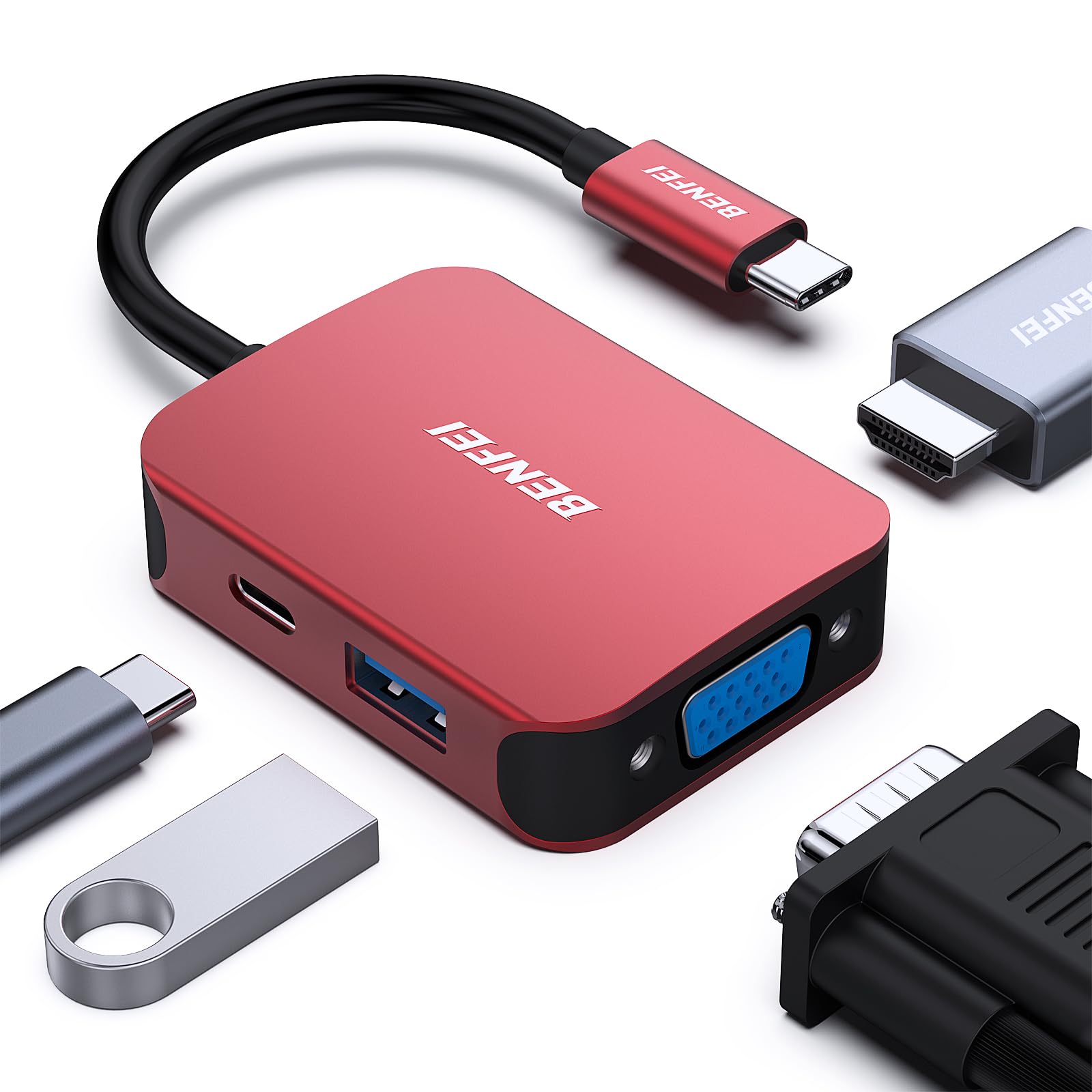 BENFEI 4-in-1 USB C Hub with HDMI VGA Adapter - for MacBook iPad iPhone 15 Pro & More - Perfect for Work & Travel