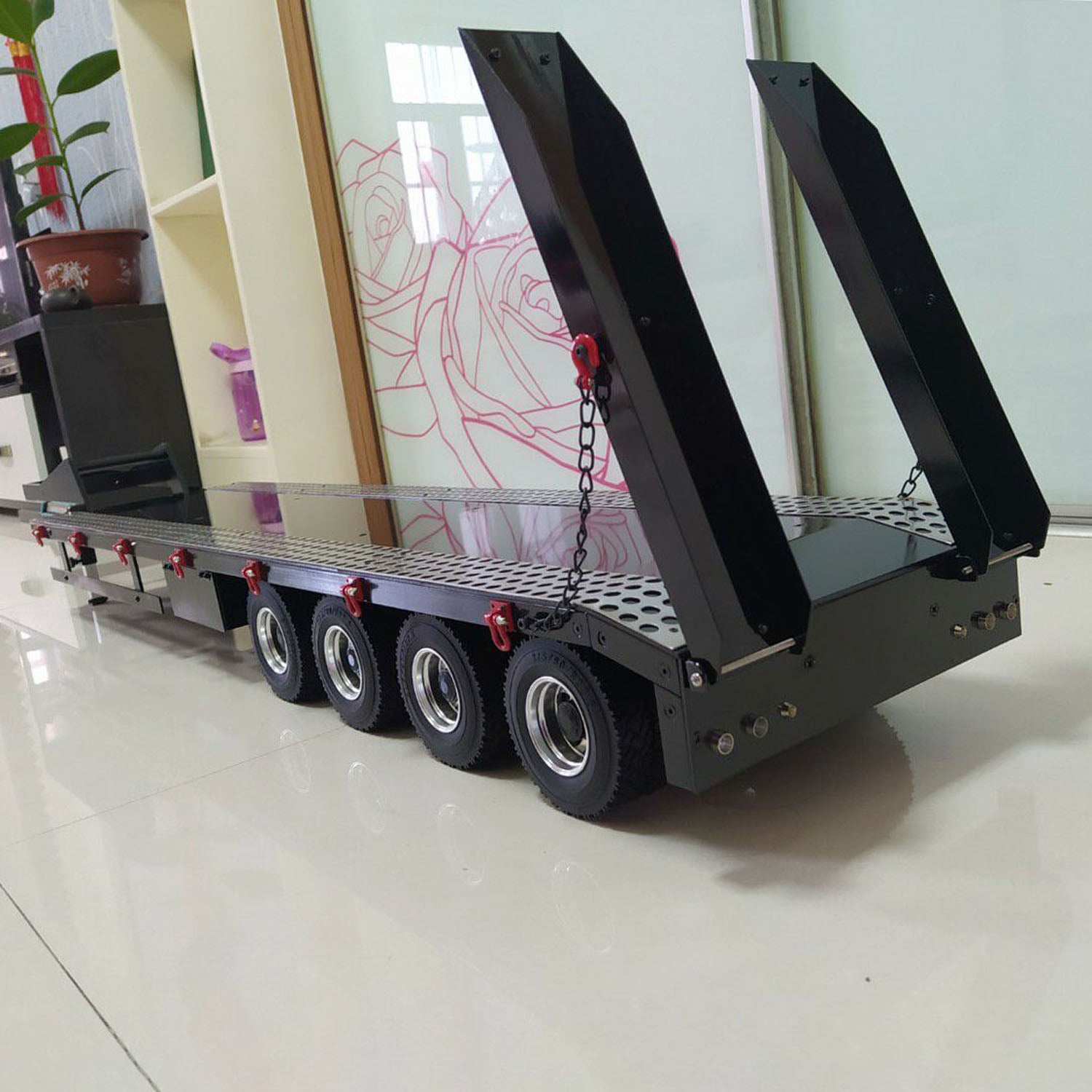 1/14 Scale Metal 4-Axle Semi Trailer for RC Tractor Truck - Remote Control Simulation Vehicle with Electric Motor, Pre-Painted & Assembled - Perfect for RC Car Enthusiasts & Collectors, Great for Racing, Display and Realistic Truck Simulation