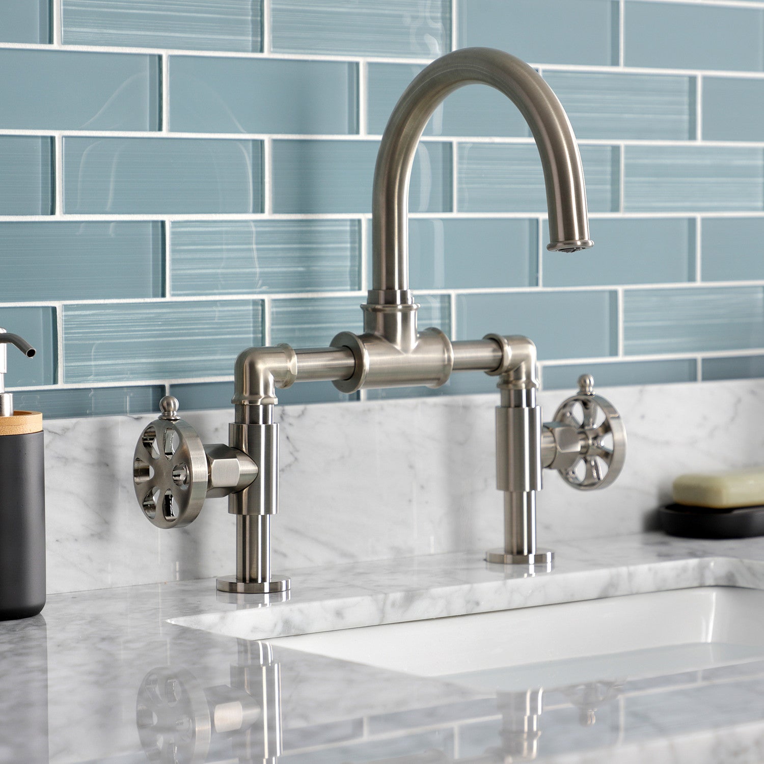 Belknap KS2178RX Brushed Nickel 2-Handle Deck Mount Bathroom Faucet with Push Pop-Up Drain - Modern Water-Saving Design for Vanity Sink, Powder Room & Guest Bath Installation