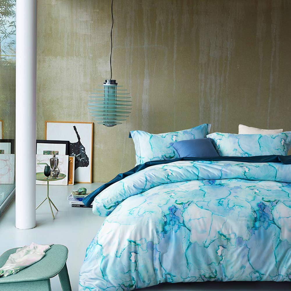100% Long-Staple Cotton Duvet Cover Set - Aqua Watercolor Marble Printed Comforter Cover 3pc, Ultra Soft & Breathable Bedding for Luxury Master Bedroom or Guest Room