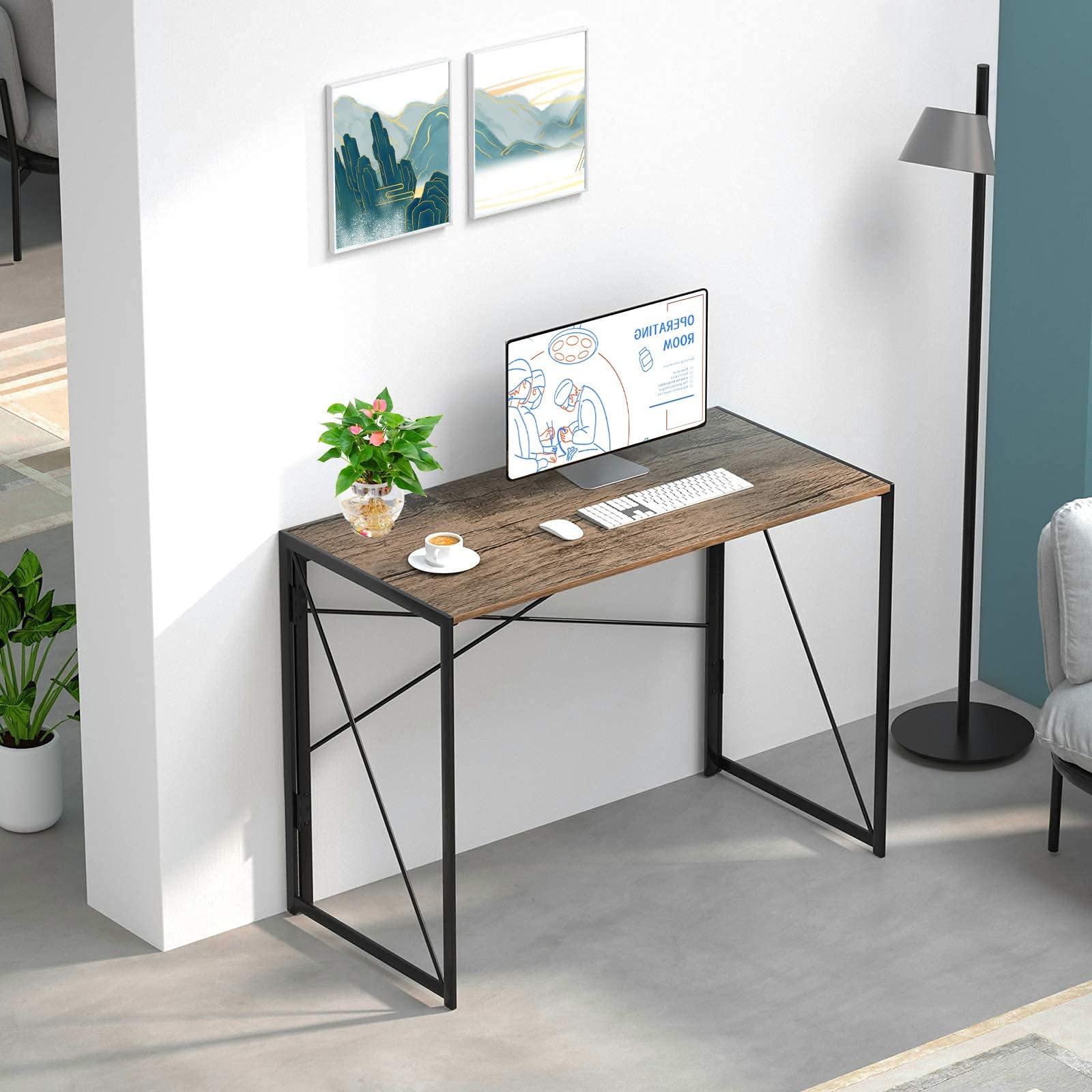 Premium Solid Wood Folding Laptop Desk - Walnut Home Office Study Table with Storage Shelf | Space-Saving Workstation for Small Apartments, Dorm Rooms & Remote Work