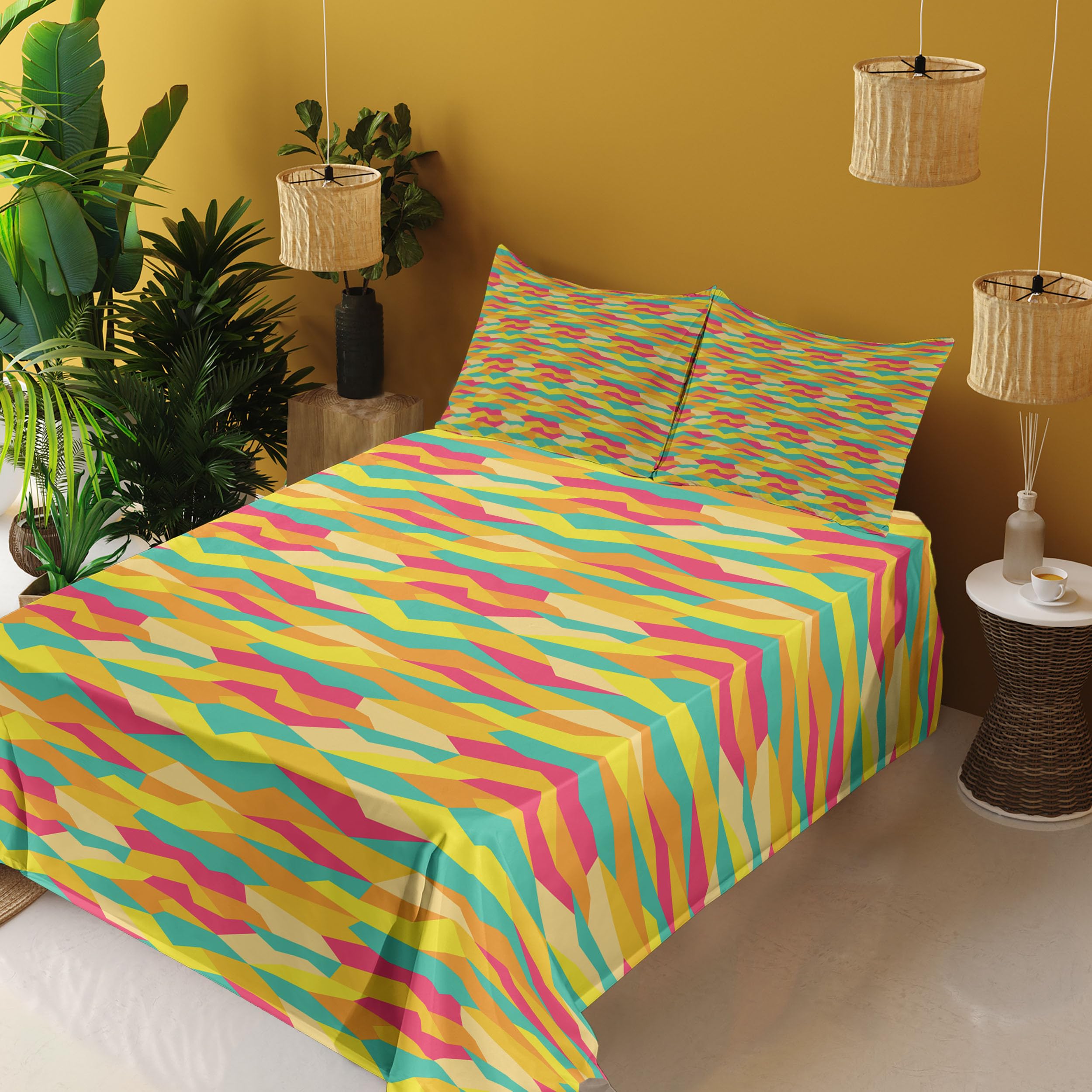 Ambesonne Geometric Bed Sheet Set 4-Piece - King Size, Jade Green & Marigold, Funky Prehistoric Tile Design, Fitted & Flat Sheets with Pillowcases | Modern Bedroom Decor, Guest Room Essentials, Unique Gift Idea