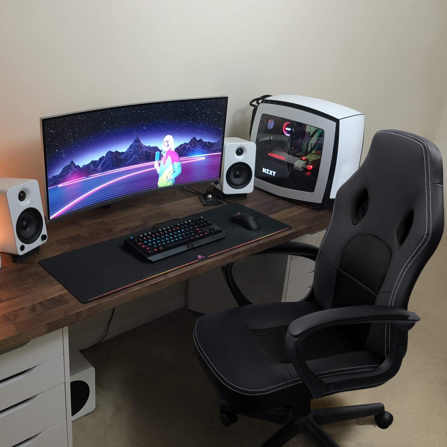 Furmax Ergonomic Gaming Chair - Adjustable Racing Style Office Chair with Lumbar Support & Armrests, PU Leather Computer Desk Chair for Home & Work (Black) - Perfect for Gaming, Working & Studying
