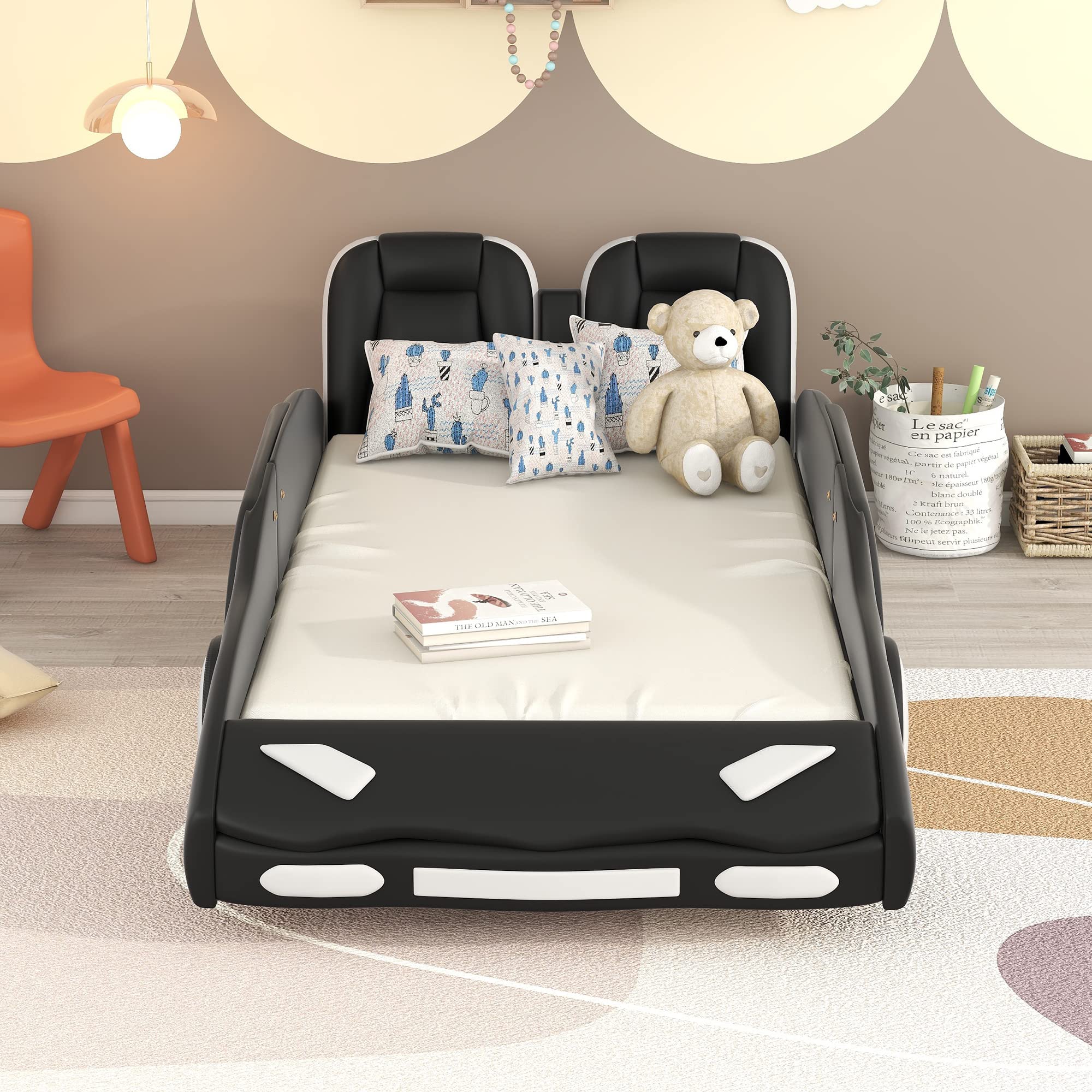 SOFTSEA Twin Size Race Car Bed Frame for Kids - Black Car-Shaped Platform Bed with Wheels, Guardrail & Soft Headboard | No Box Spring Needed | Perfect for Boys & Girls Bedrooms, Playrooms & Themed Kids Rooms