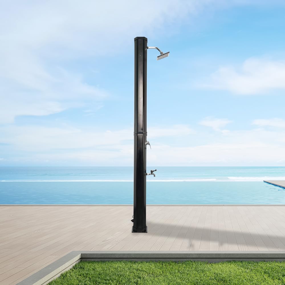 5.3/9.3 Gallon Solar Outdoor Shower with Heated Shower Head & Foot Tap - Portable Hot Water System for Garden, Backyard, Poolside, Beach, Spa | Perfect for Camping, RV Trips & Off-Grid Living (Black 9.3 Gallon)