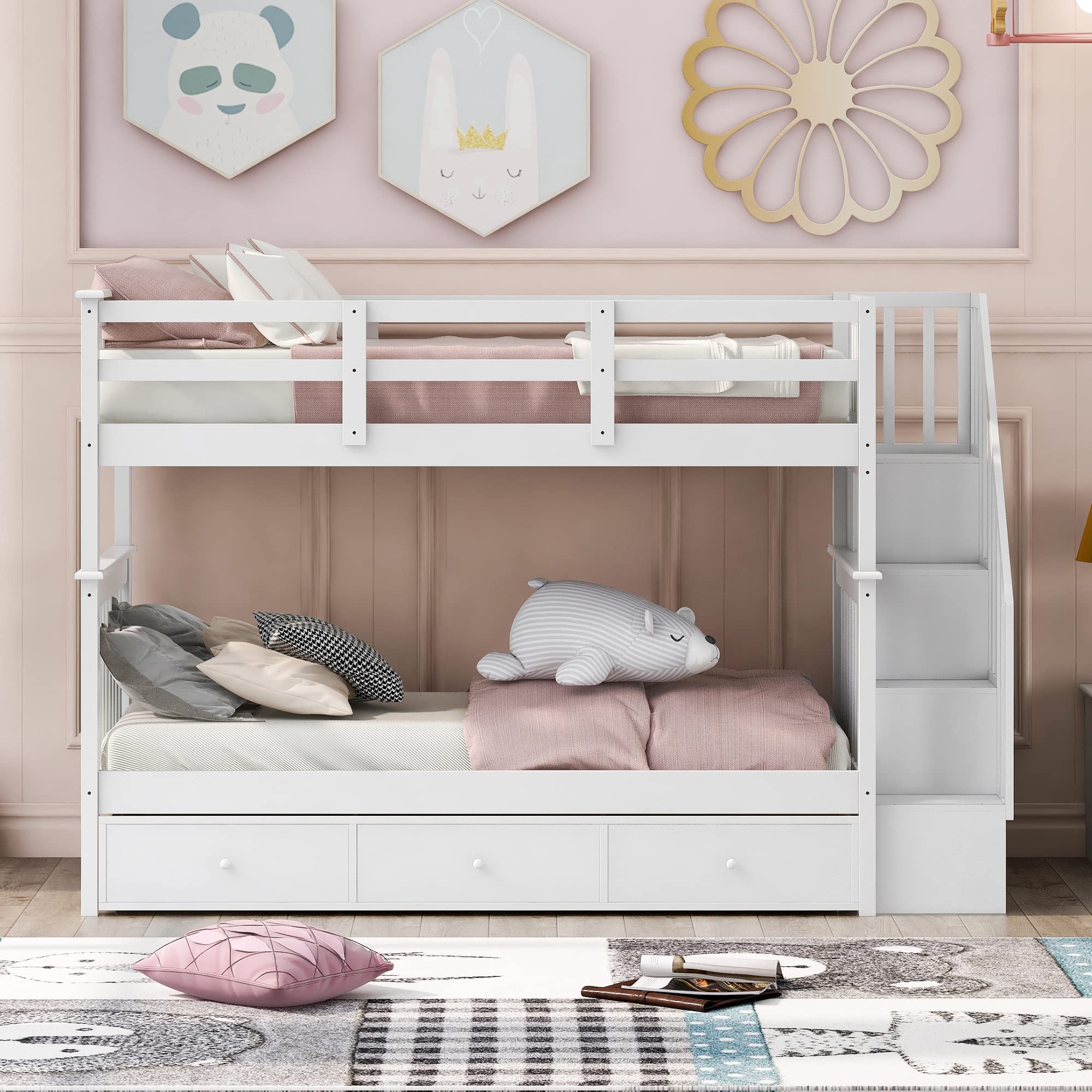 Merax Twin Over Twin Wooden Bunk Bed with Storage Drawers - No Box Spring Needed - Space Saving Bed Frame for Kids, Teens & Dorm Rooms - White (Perfect for Small Bedrooms, Shared Kids Rooms & College Dormitories)