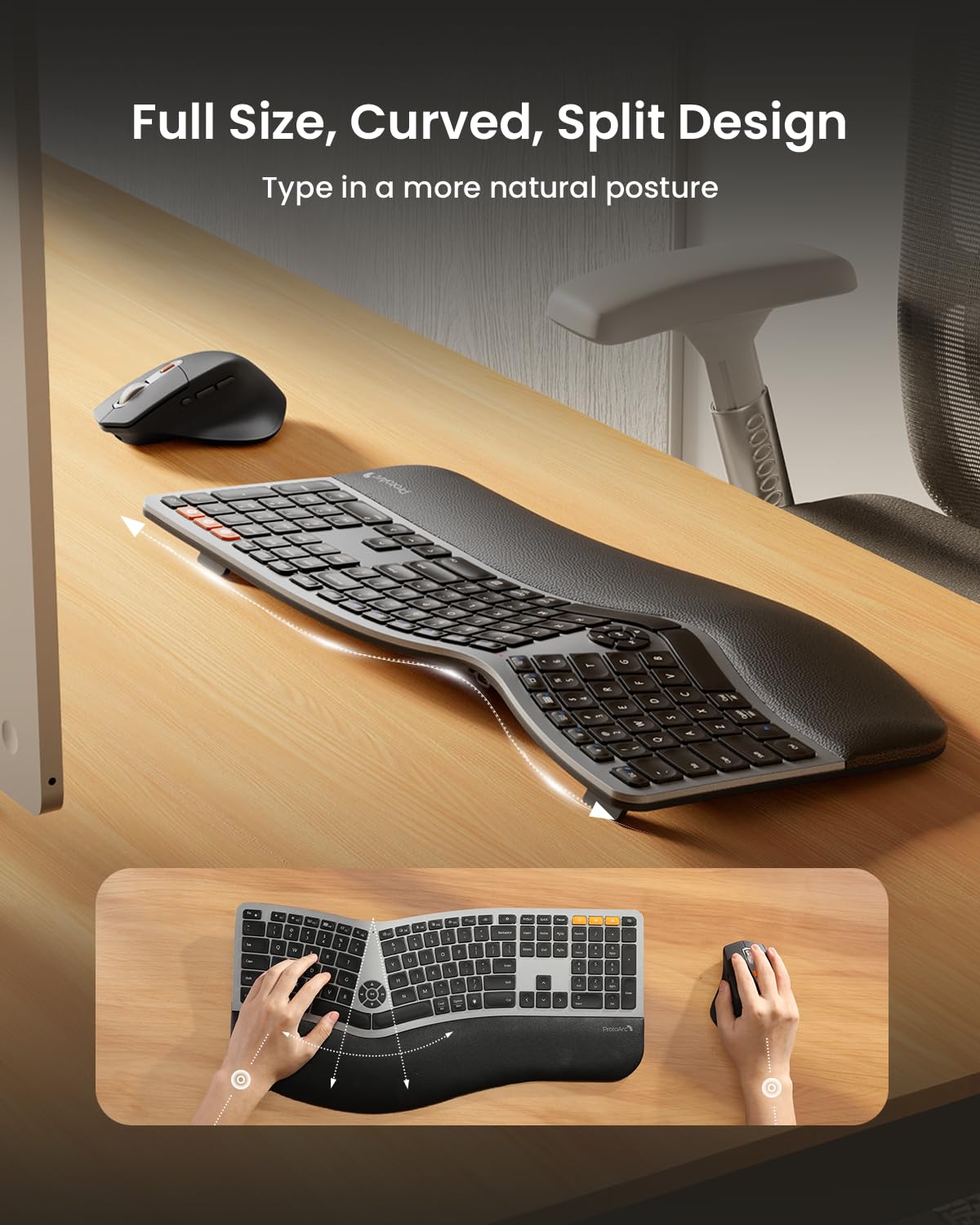 ProtoArc EKM01 Plus Ergonomic Wireless Keyboard and Mouse Combo - Full Size Split Design with Wrist Rest, Rechargeable Bluetooth Keyboard Mouse Set for Windows/Mac OS - Perfect for Office Work, Gaming, and Long Typing Sessions