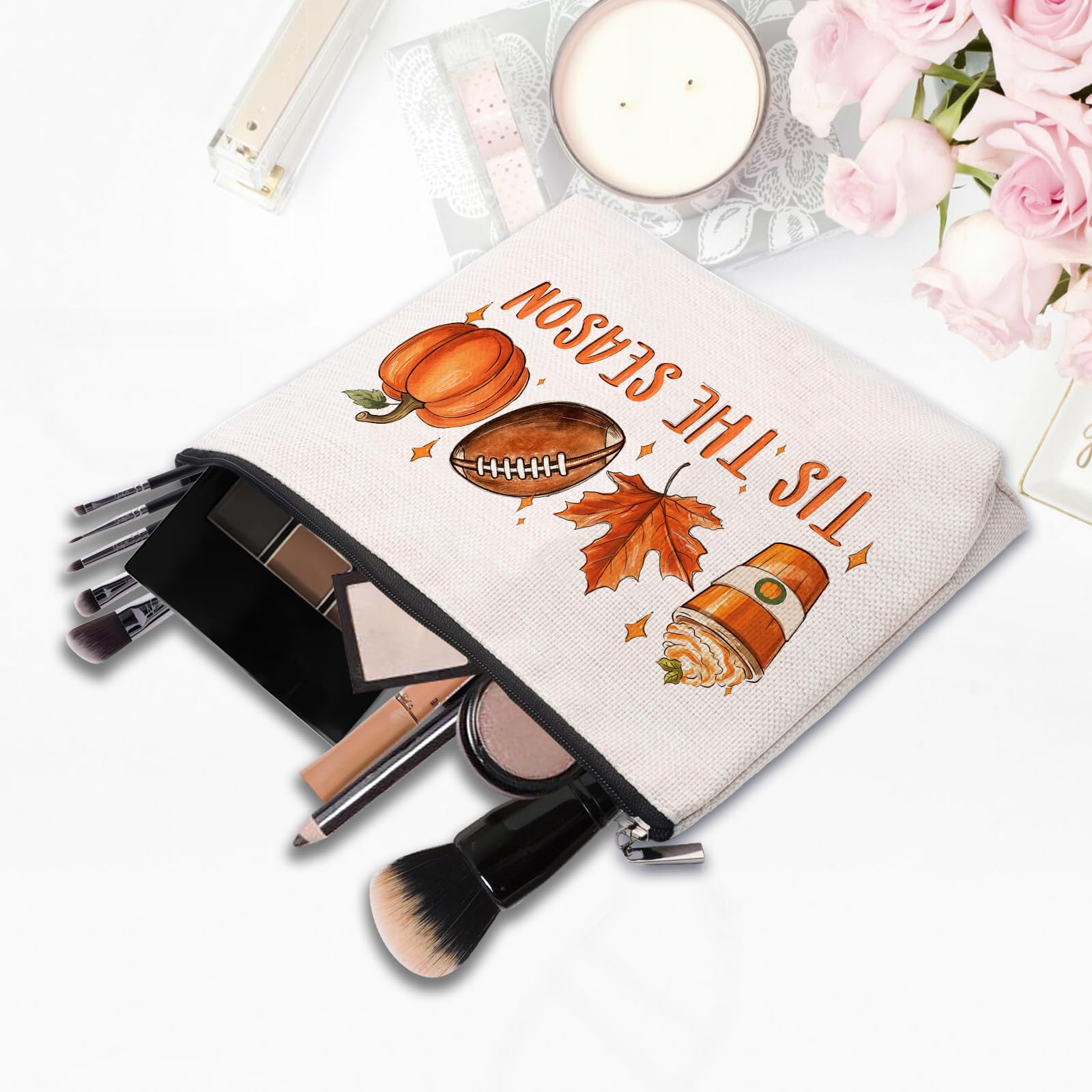 **Pumpkin Fall Decor Makeup Bag | Farmhouse Autumn Cosmetic Pouch for Women | Cute Thanksgiving & Harvest Home Office Decor | Travel & Daily Use**