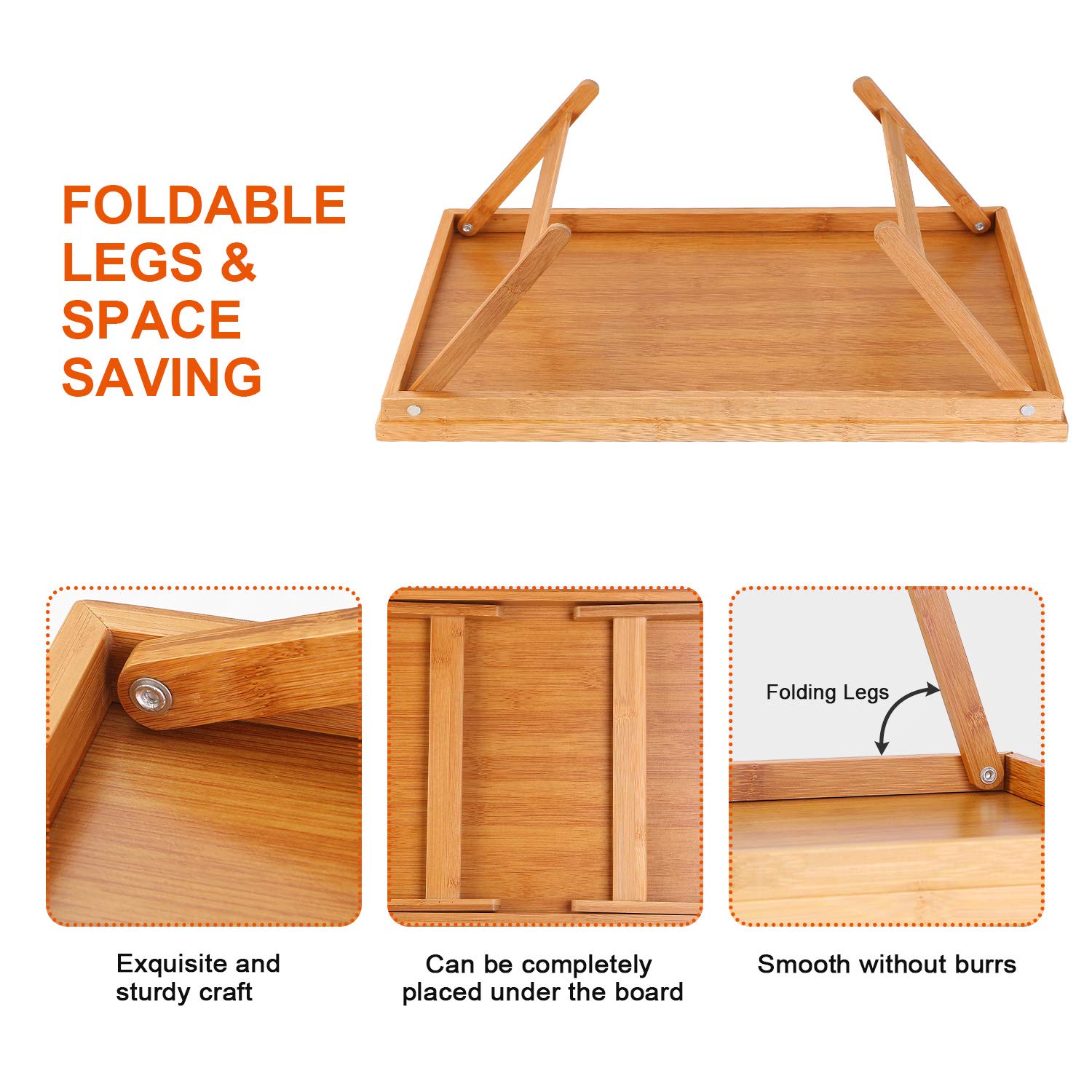 Moclever Bamboo Breakfast Tray with Folding Legs - Multi-Purpose Serving Tray for Dining, Tea, Bar, Bed - Perfect for Parties, Reading, Laptop Work & Breakfast in Bed - Sturdy Portable Food Tray for Home, Office & Outdoor Use