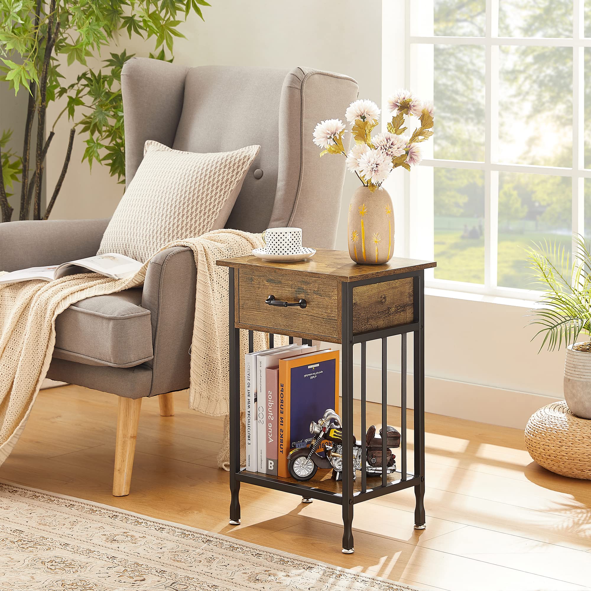 VECELO 3-Tier Nightstand with Drawer & Storage Shelf - Wooden Bedside Table with Metal Frame for Bedroom & Living Room - Perfect for Organizing Books, Lamps, and Bedroom Essentials