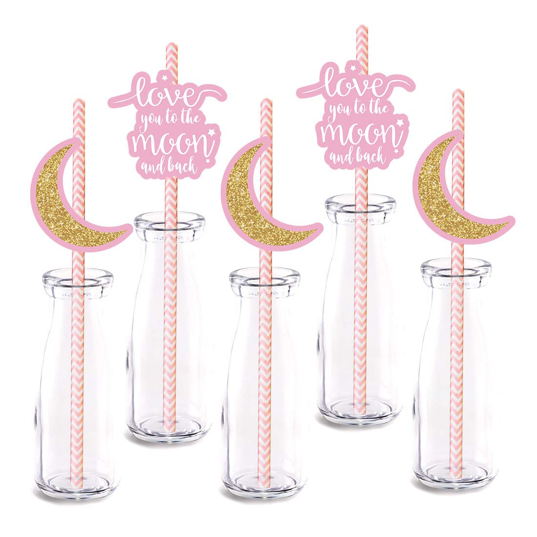 Pink Moon Cupcake Straw Decorations - 24-Pack 'I Love You to The Moon and Back' Gold Foil Paper Straws for Baby Showers, Birthday Parties & Celebrations - Perfect for Cupcakes, Drinks & Dessert Displays