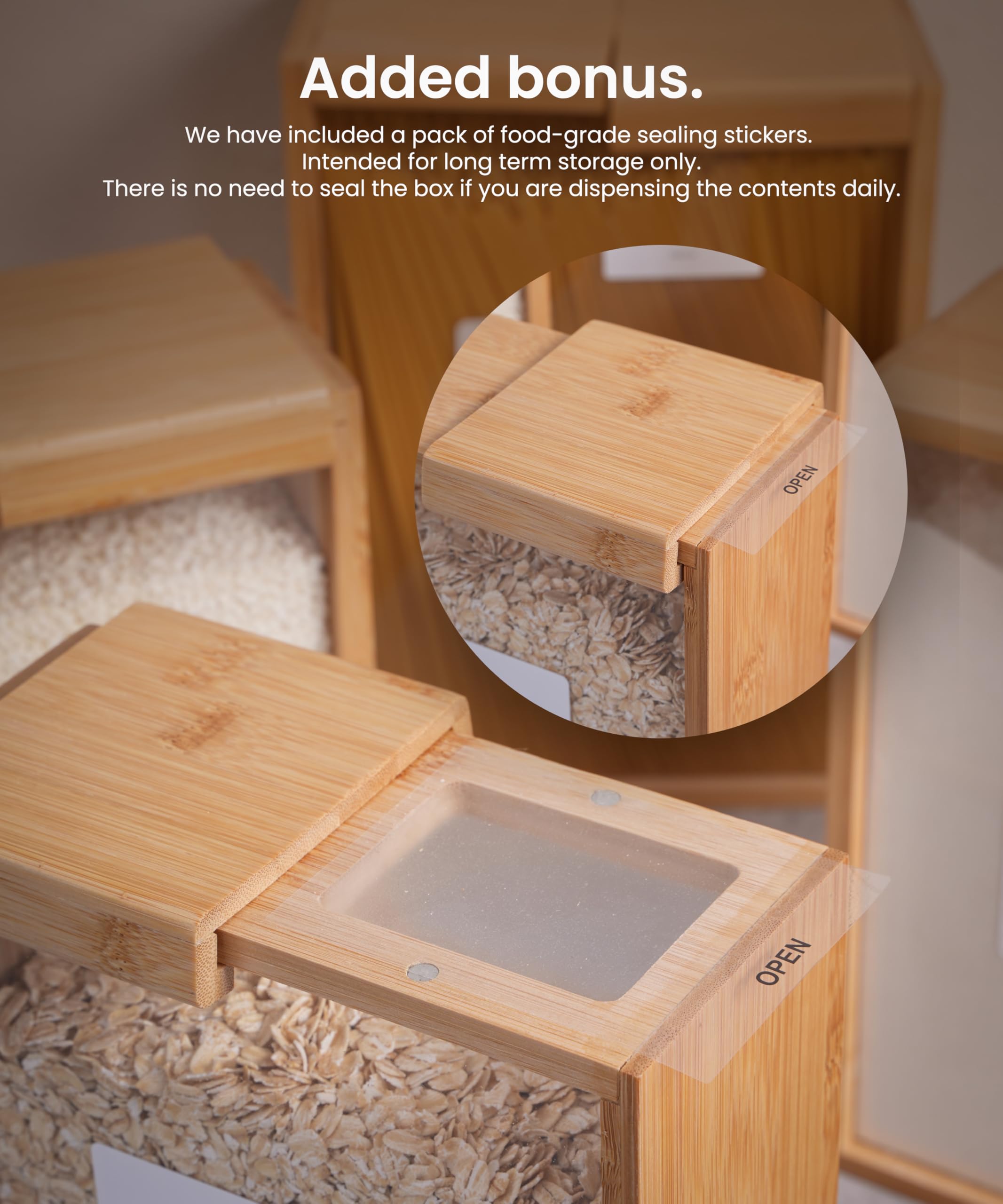 2L Bamboo Food Dispenser for Cereal, Rice, Flour & Snacks - Airtight Kitchen Storage Container with Measuring Cup | Pantry Organization for Grains, Baking Ingredients & Dry Foods | Perfect for Home, Restaurant & Office Use