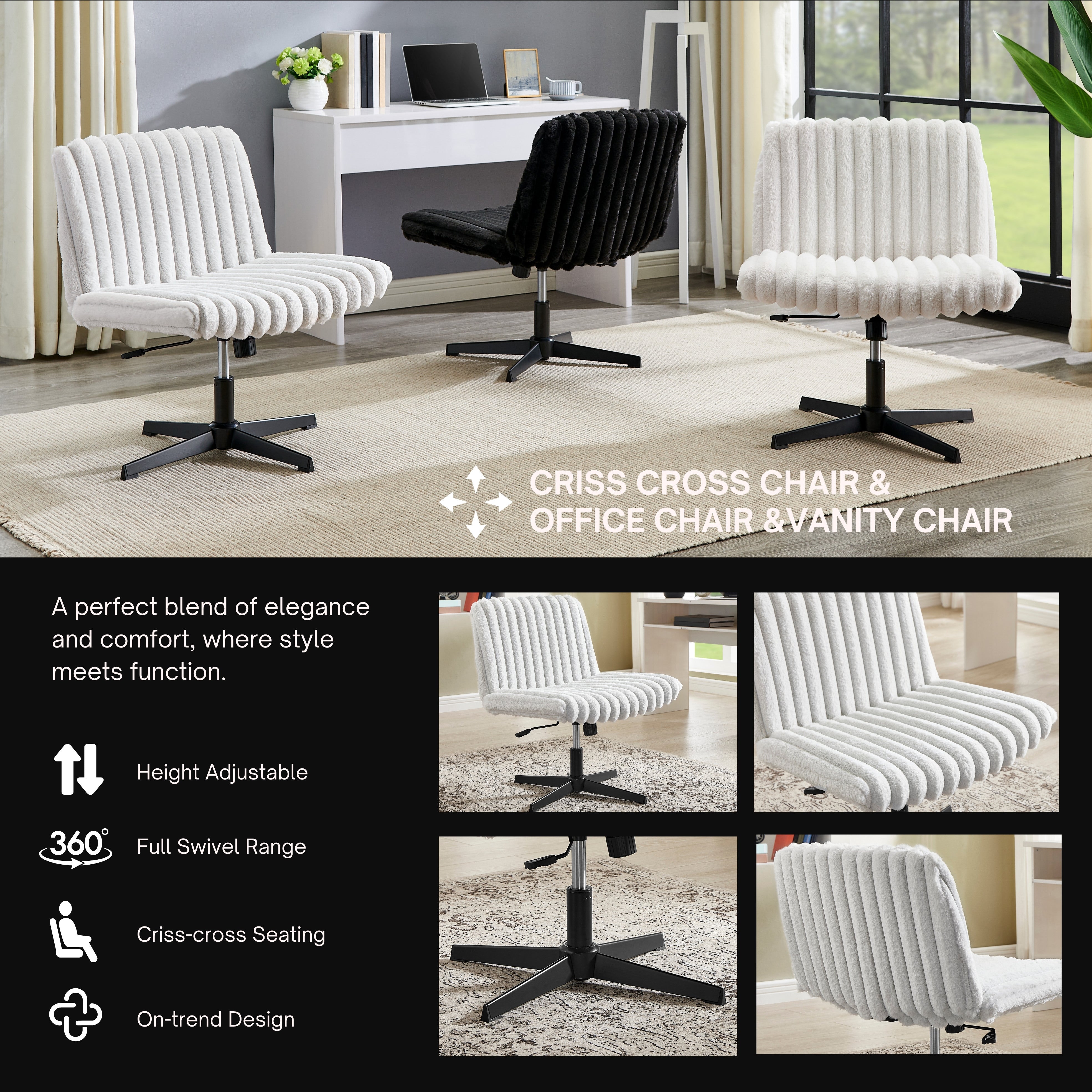 Roundhill Blynn Adjustable Swivel Criss Cross Chair - Wide Seat Ergonomic Office Chair with Lumbar Support, Vanity Makeup Chair for Home & Office Workspace, Study Desk, Dressing Table and Beauty Salon
