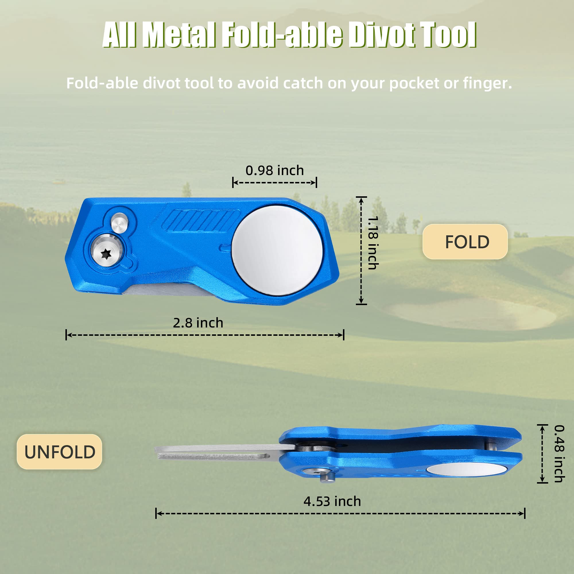 Premium All-Metal Foldable Golf Divot Repair Tool with Magnetic Ball Marker | Pop-Up Button Design | Durable Golf Accessories for Men | Perfect for Course Play & Practice Sessions