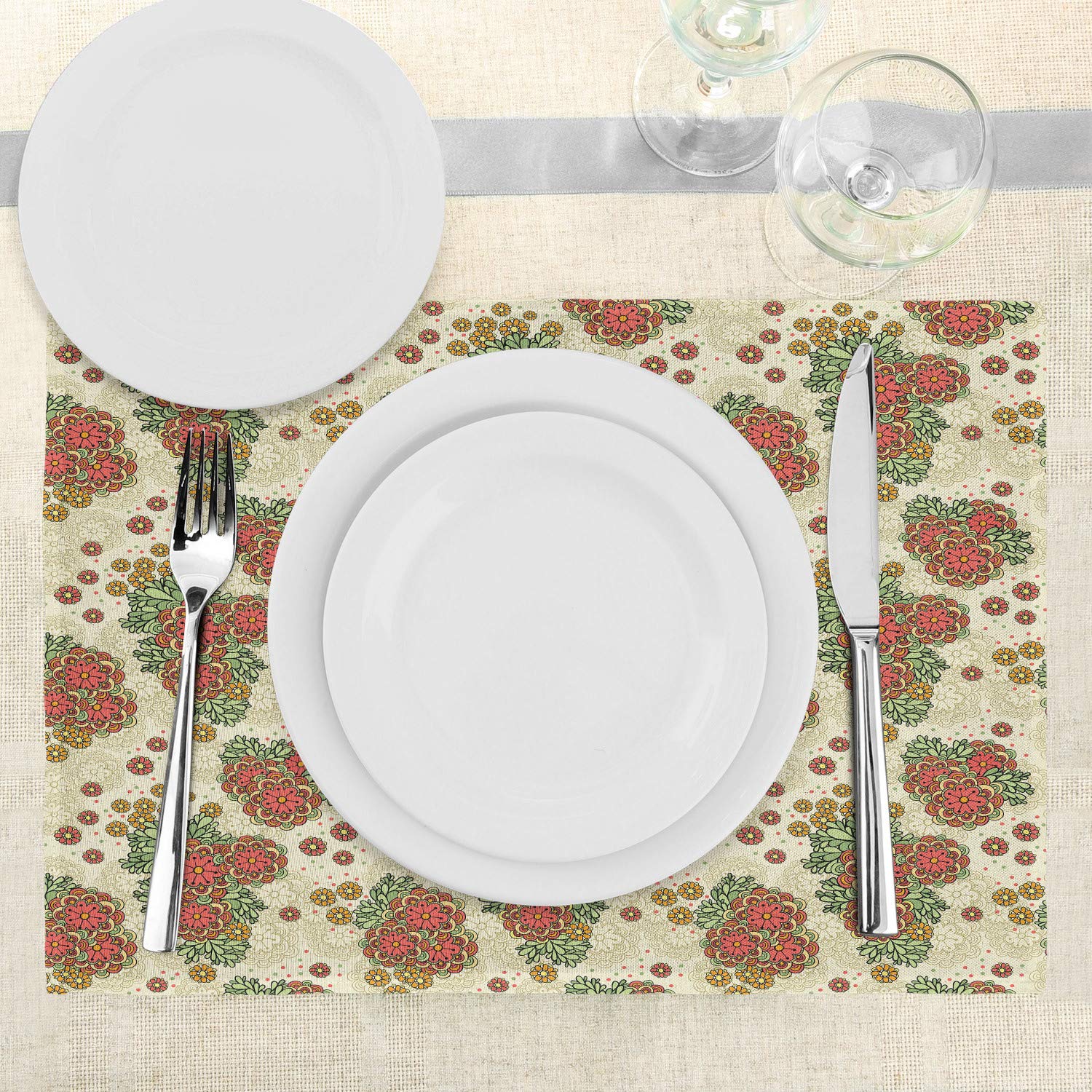 Ambesonne Orange Floral Place Mats Set of 4 - Autumn Fall Table Decor with Flower Design, Washable Fabric Placemats for Dining Room & Kitchen - Orange & Olive Green - Perfect for Thanksgiving, Fall Parties & Seasonal Home Decor