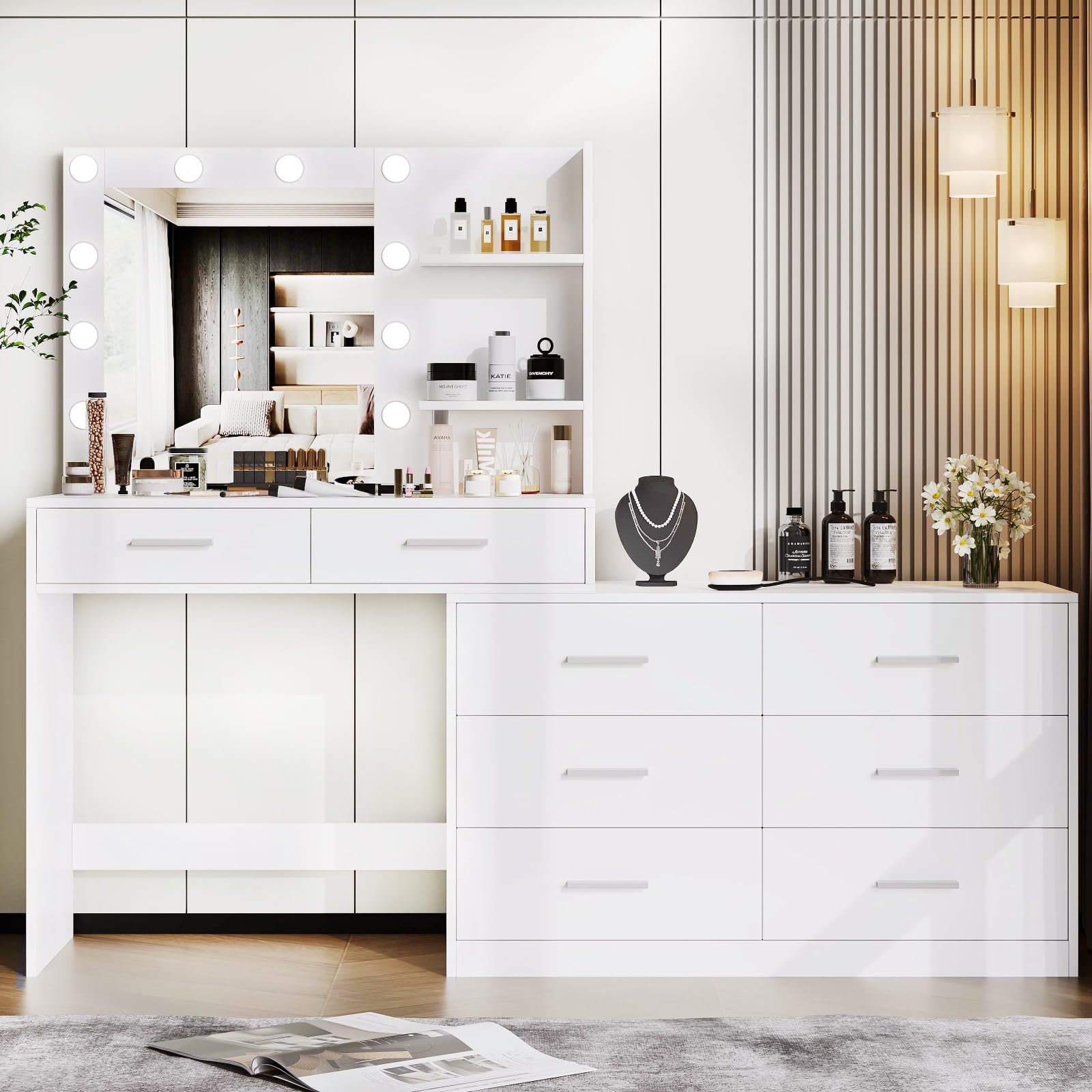 Rovaurx 65 Inch Modern White Vanity Desk with LED Mirror & 8 Drawers, Adjustable Width Makeup Dressing Table with Storage Shelf - Perfect for Bedroom Organization & Beauty Routine