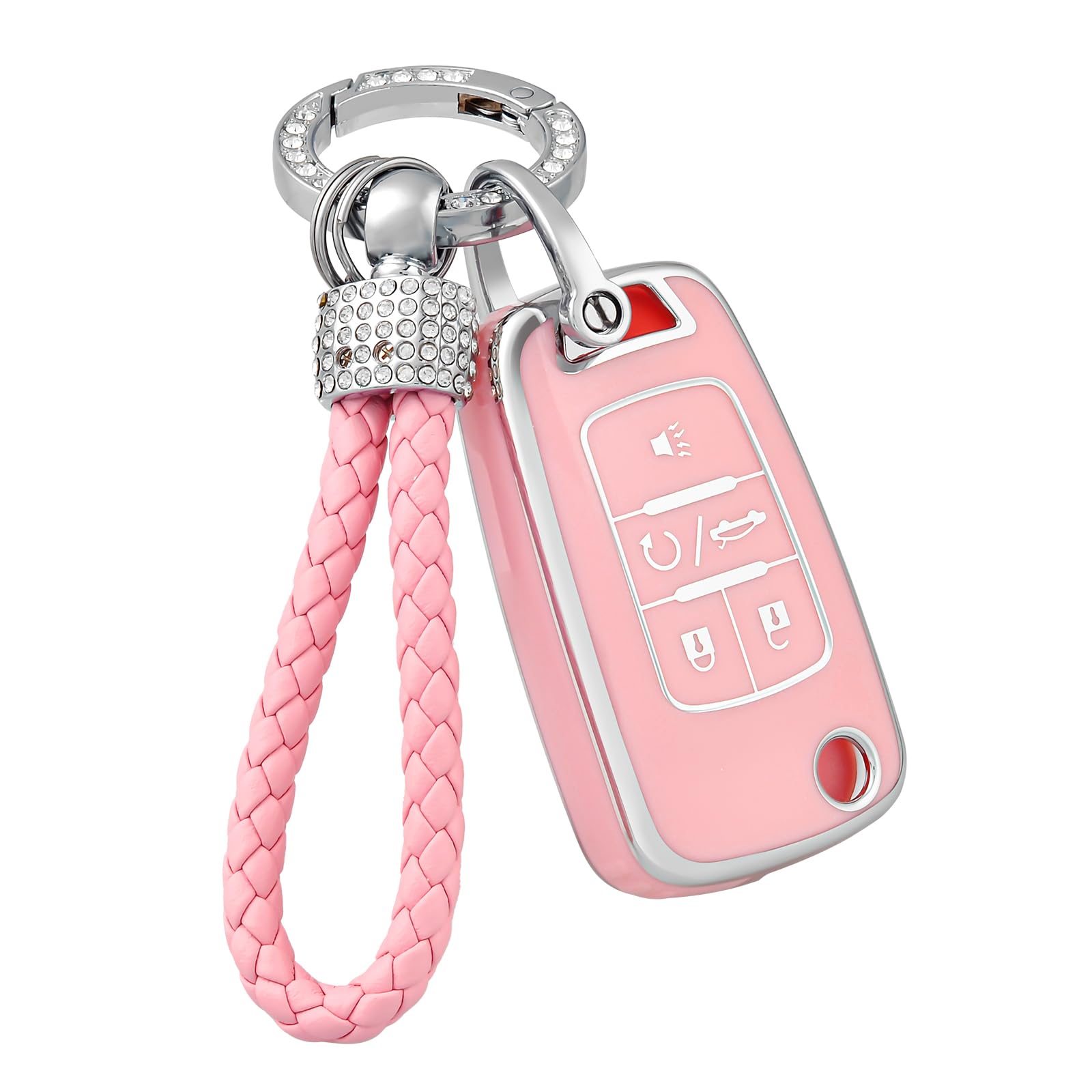 Premium Car Key Fob Cover with Keychain for Chevy, GMC, Buick - Compatible with Encore, Terrain, Malibu, Camaro, Cruze, Impala, Equinox, Volt, Spark, Sonic - Durable Smart Key Protector Accessories (Pink) - Perfect for Everyday Use, Gift Ideas & Vehicle Protection