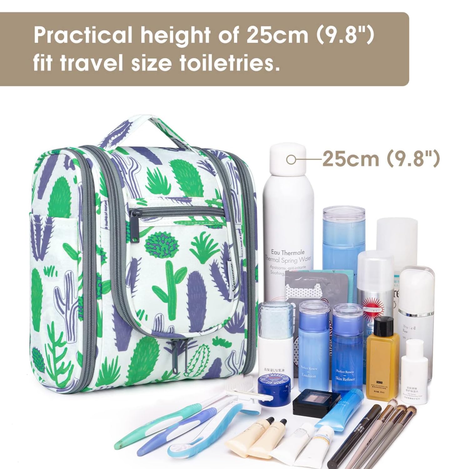 Narwey Hanging Toiletry Bag for Women - Travel Makeup Organizer with Multiple Pockets, Perfect for Cosmetics & Essentials (Medium, Green Cactus) - Ideal for Air Travel, Camping & Gym Use