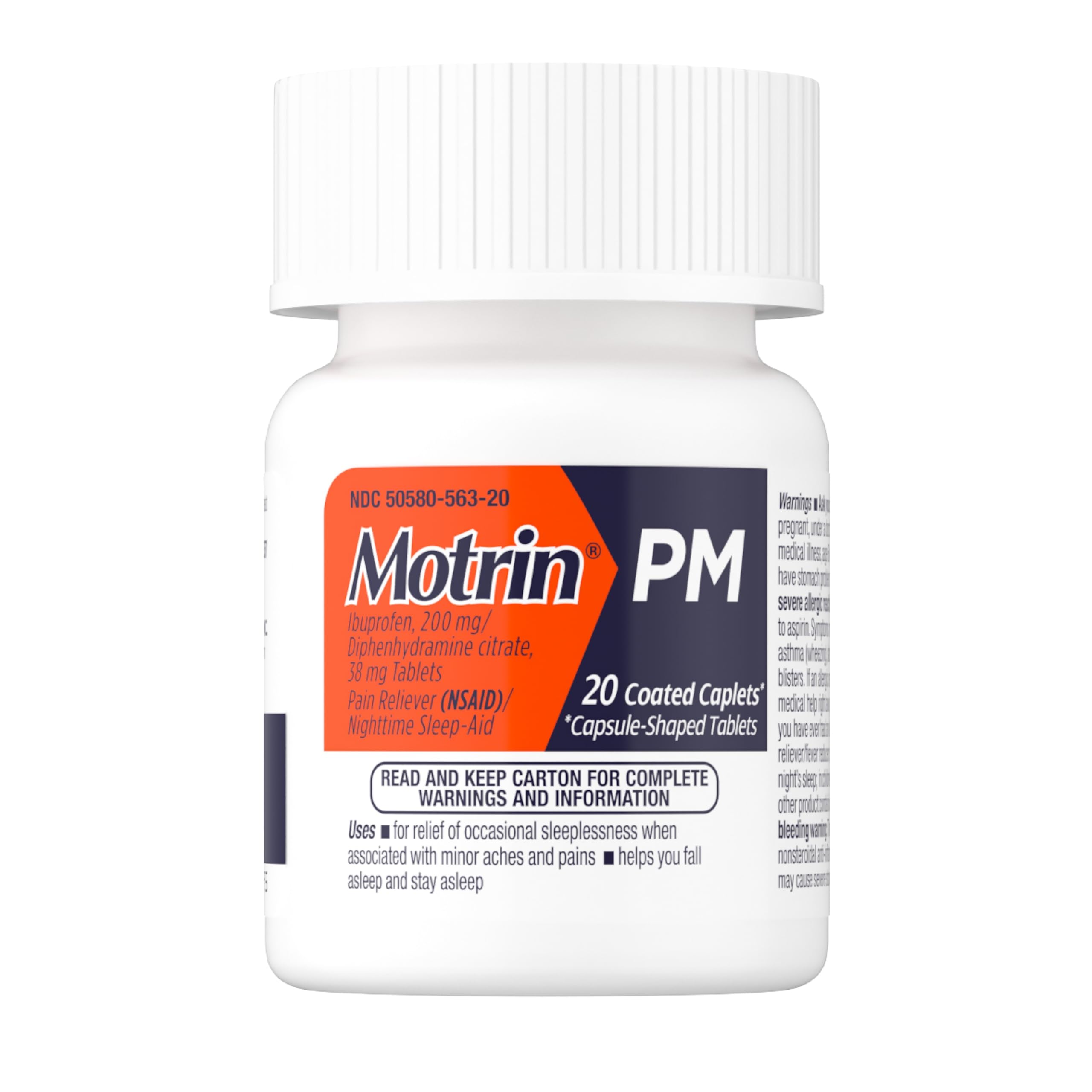 Motrin PM Caplets 200mg Ibuprofen & 38mg Sleep Aid - Nighttime Pain Relief for Headaches, Backaches & Minor Aches - 20 Count - Perfect for Restful Sleep After Workouts or Stressful Days