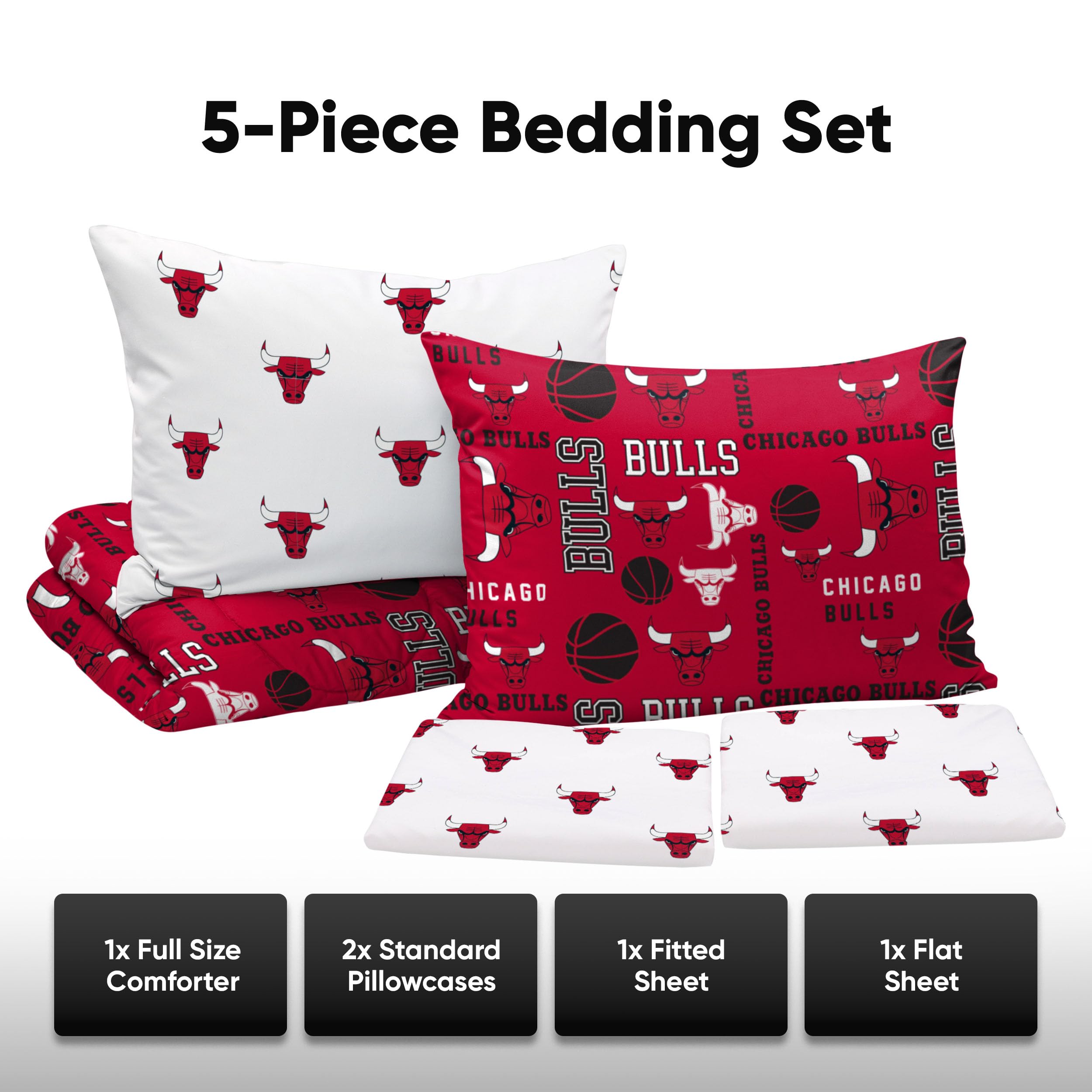 Chicago Bulls NBA Team Color 5-Piece Full Bed in a Bag Comforter Set - Officially Licensed Bulls Bedding for Fans, Perfect for Game Nights & Themed Bedrooms