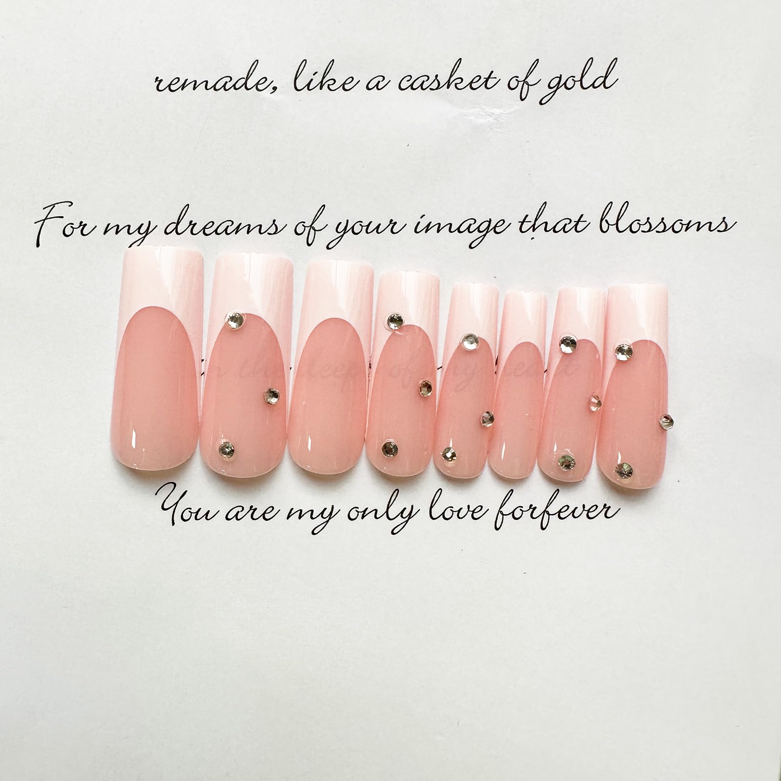 Extra Long Press on Nails - Square Fake Nails with French Tip & Rhinestone Designs - White Glossy Nude Pink Acrylic Nails for Women & Girls - Full Cover Glue on False Nails for Manicure, Parties, Weddings & Special Occasions