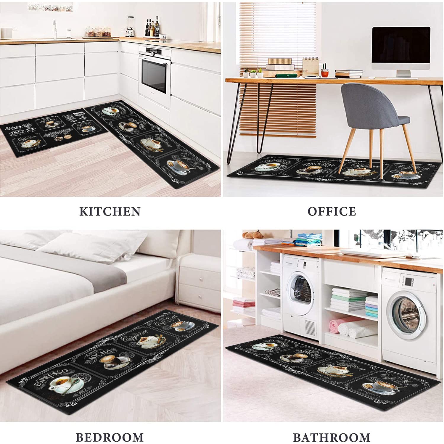 Premium Non-Slip Kitchen Rugs Set of 2 - Black Coffee Cup Latte Art Design, Super Absorbent & Washable, Waterproof Kitchen Sink Mats for Coffee Lovers - Perfect for Kitchen, Laundry Room & Entryway Decor