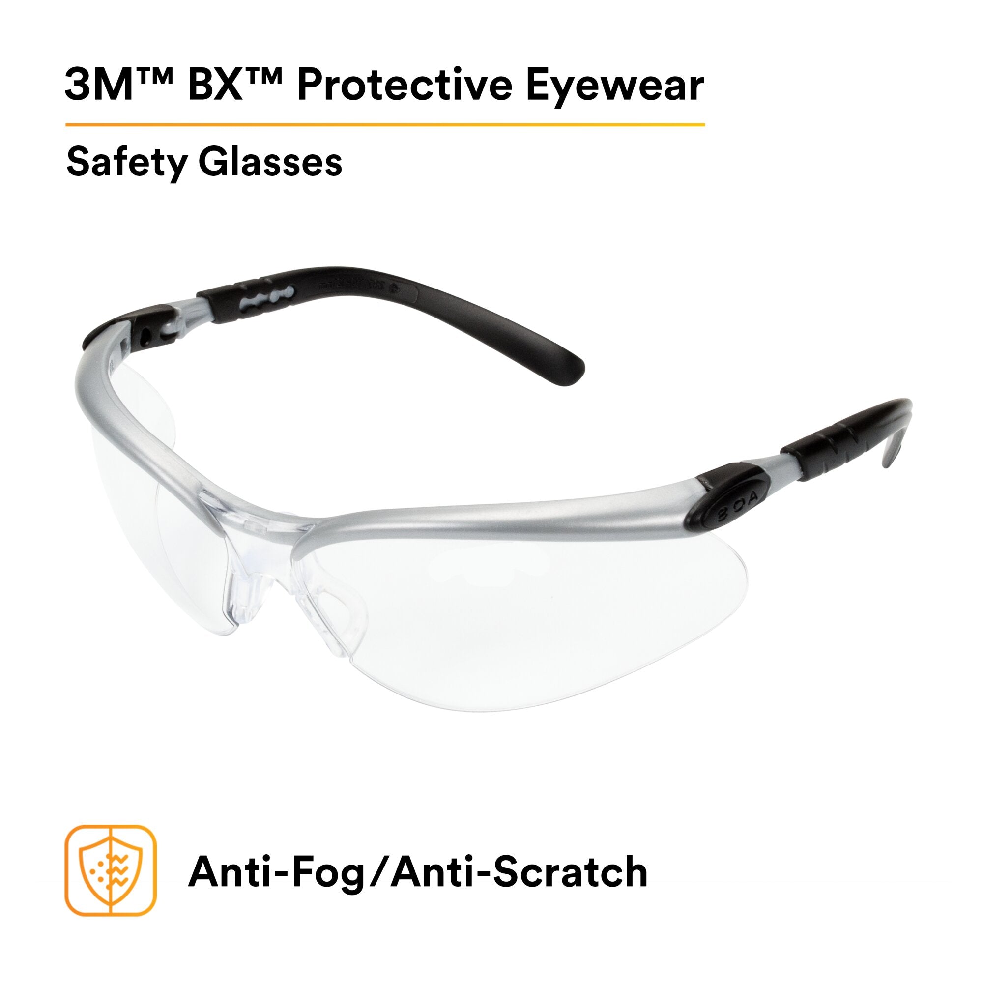 3M BX Protective Eyewear 11380 - Clear Anti-Fog Safety Glasses with Silver/Black Frame - ANSI Z87.1 Certified for Workplace, Construction & DIY Projects